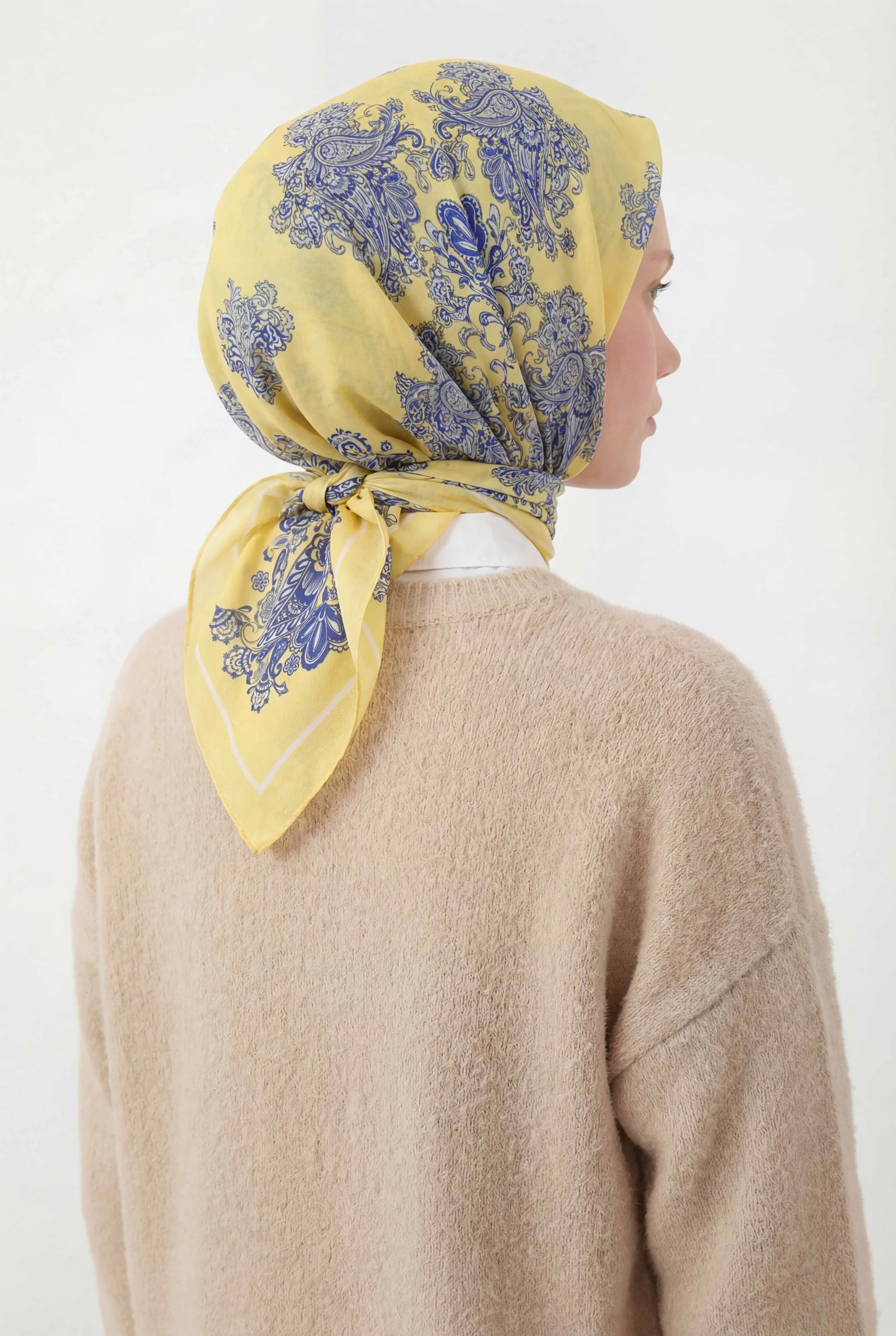 Viskon Velora Eşarp Dört Mevsim Barok Floral Desen Limon 90X90