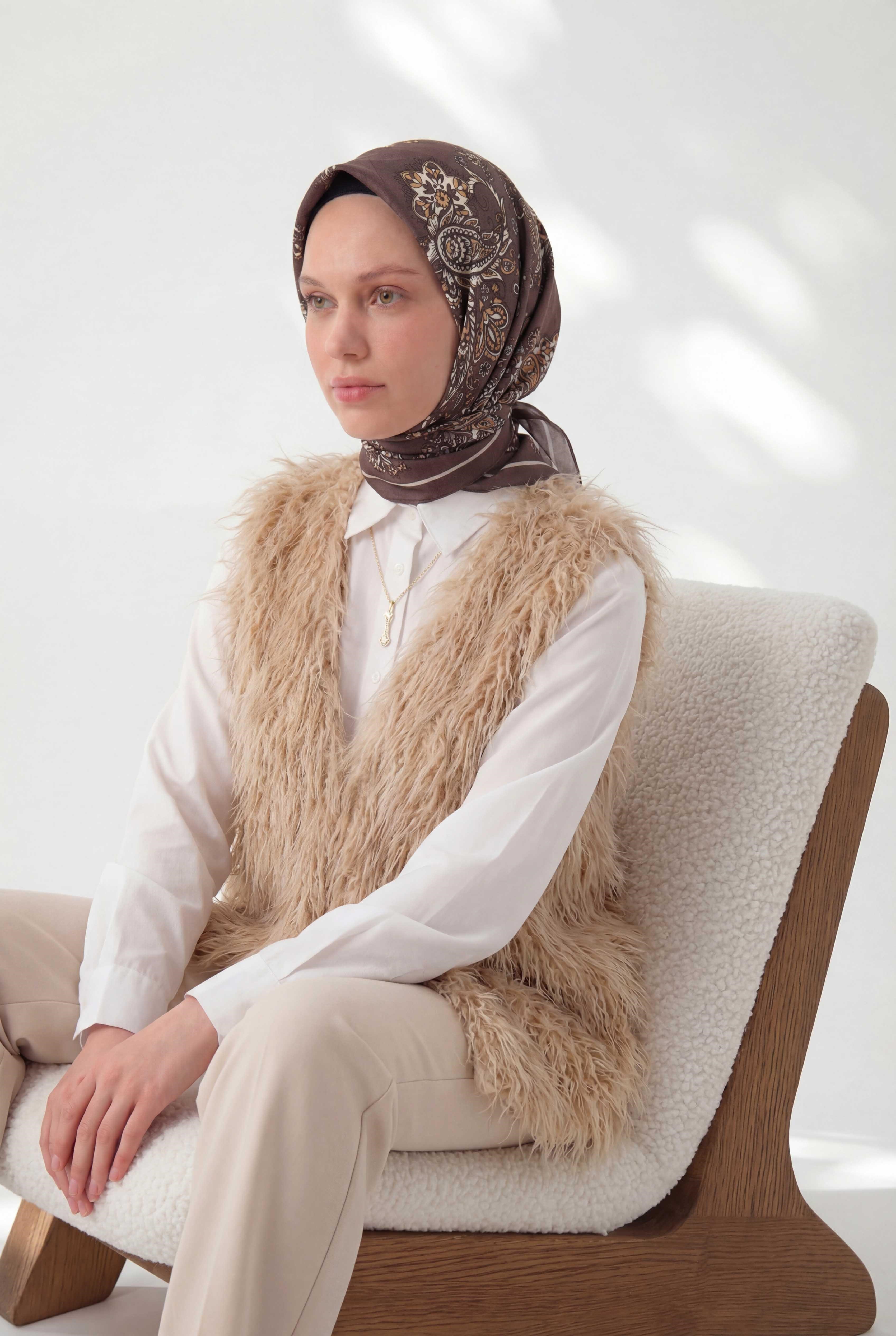 Viskon Velora Eşarp Dört Mevsim Barok Floral Desen Kahve Bordo 90X90
