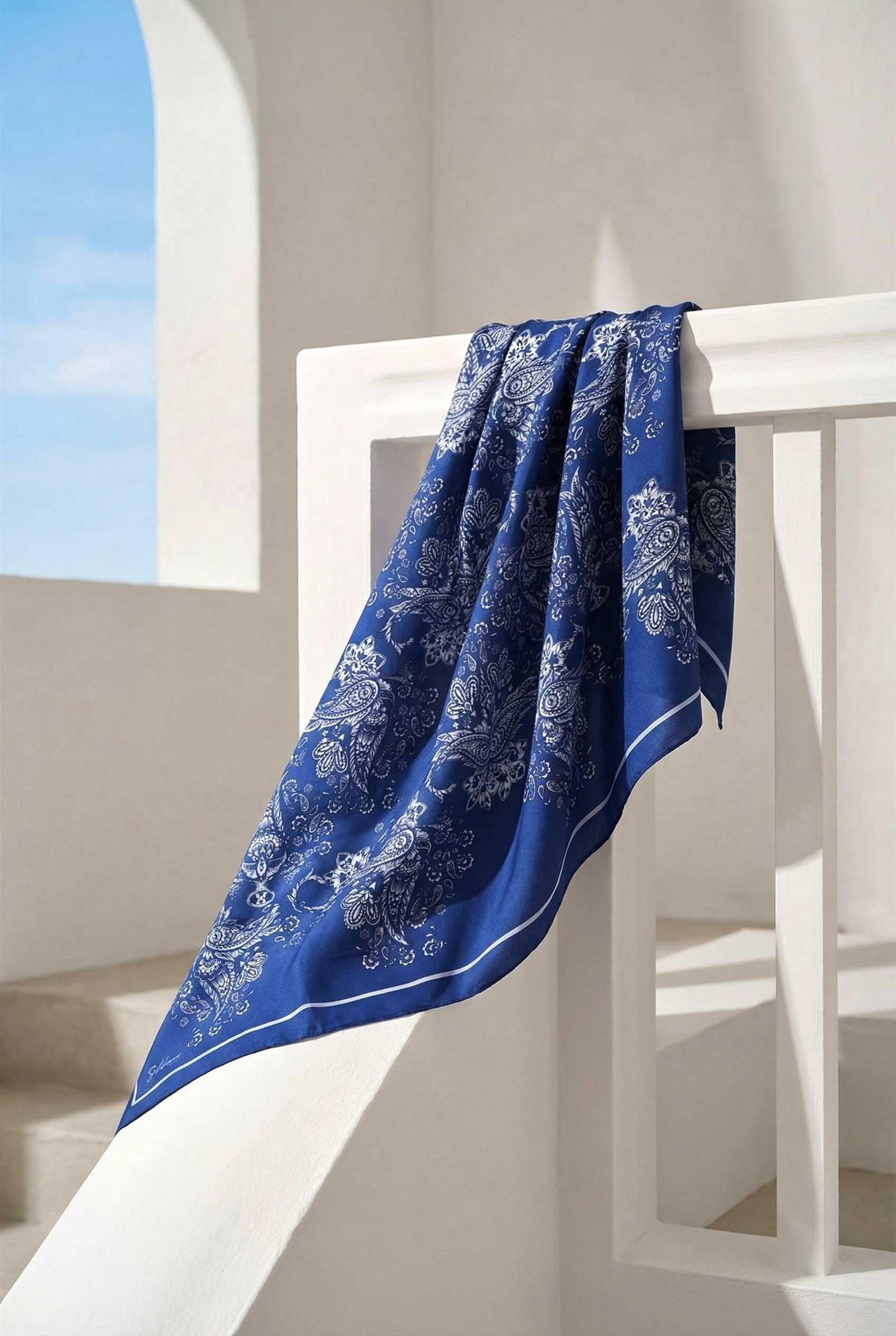Viskon Velora Eşarp Dört Mevsim Barok Floral Desen Mavi 90X90