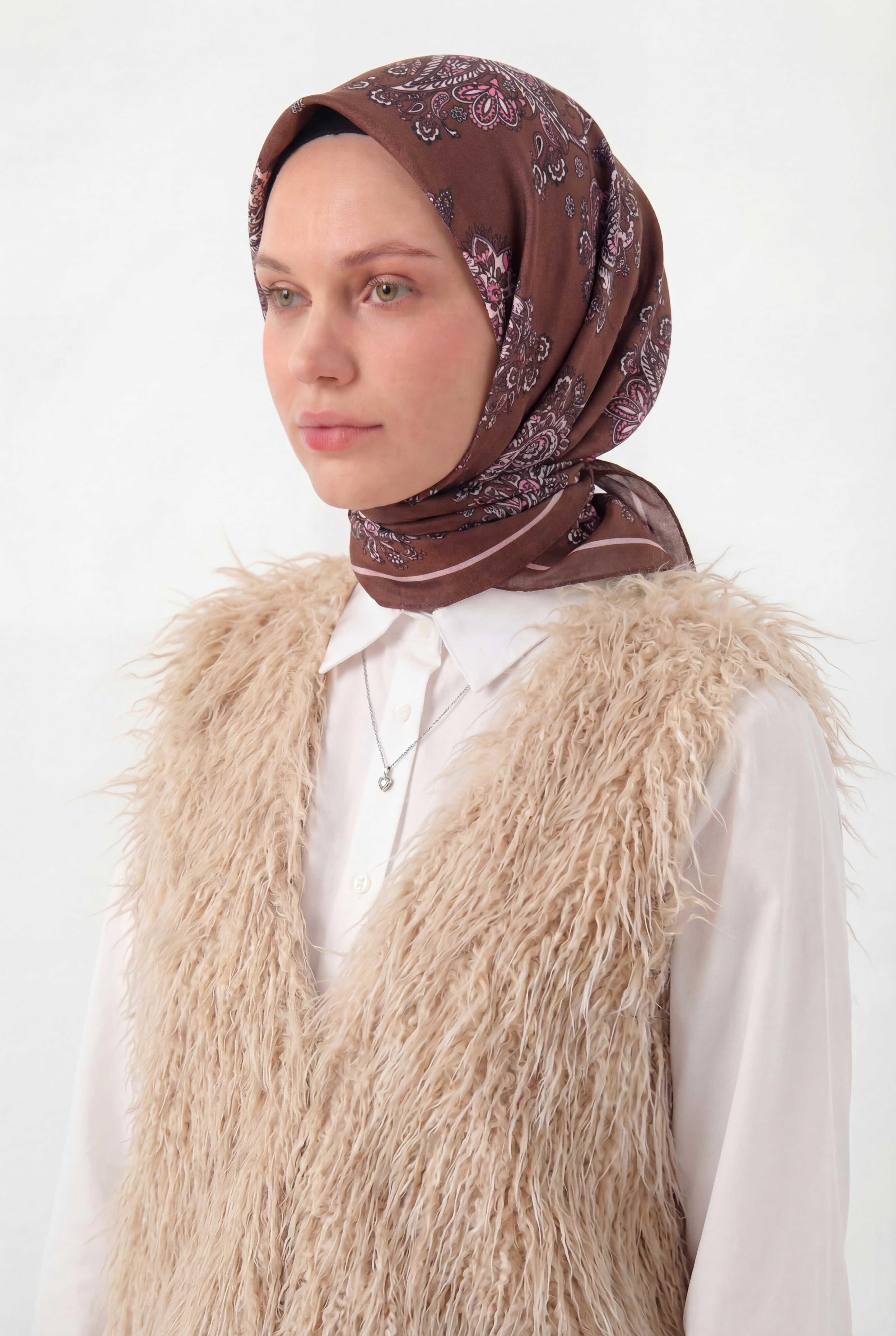 Viskon Velora Eşarp Dört Mevsim Barok Floral Desen Açık Kahve 90X90