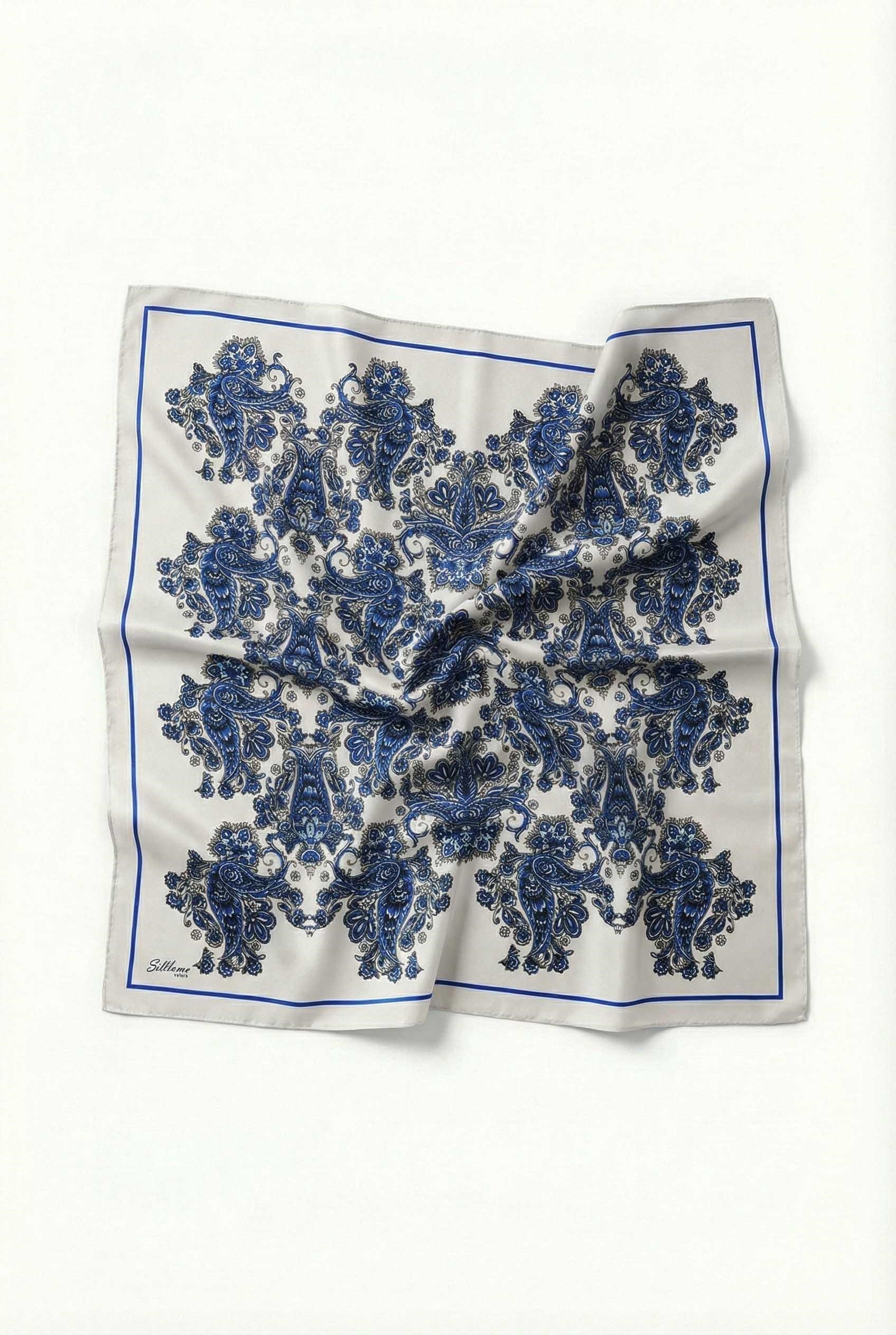 Viskon Velora Eşarp Dört Mevsim Barok Floral Desen Açık Gri 90X90
