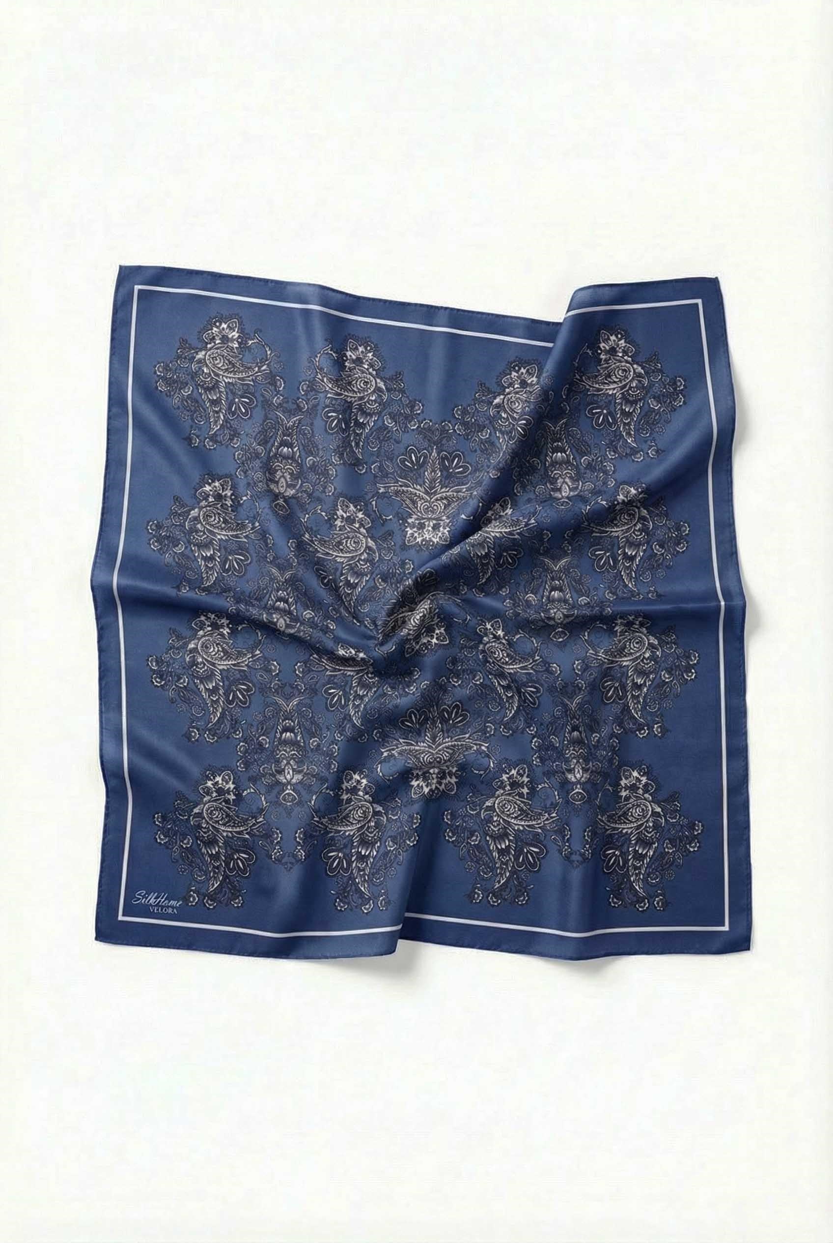 Viskon Velora Eşarp Dört Mevsim Barok Floral Desen Mavi 90X90