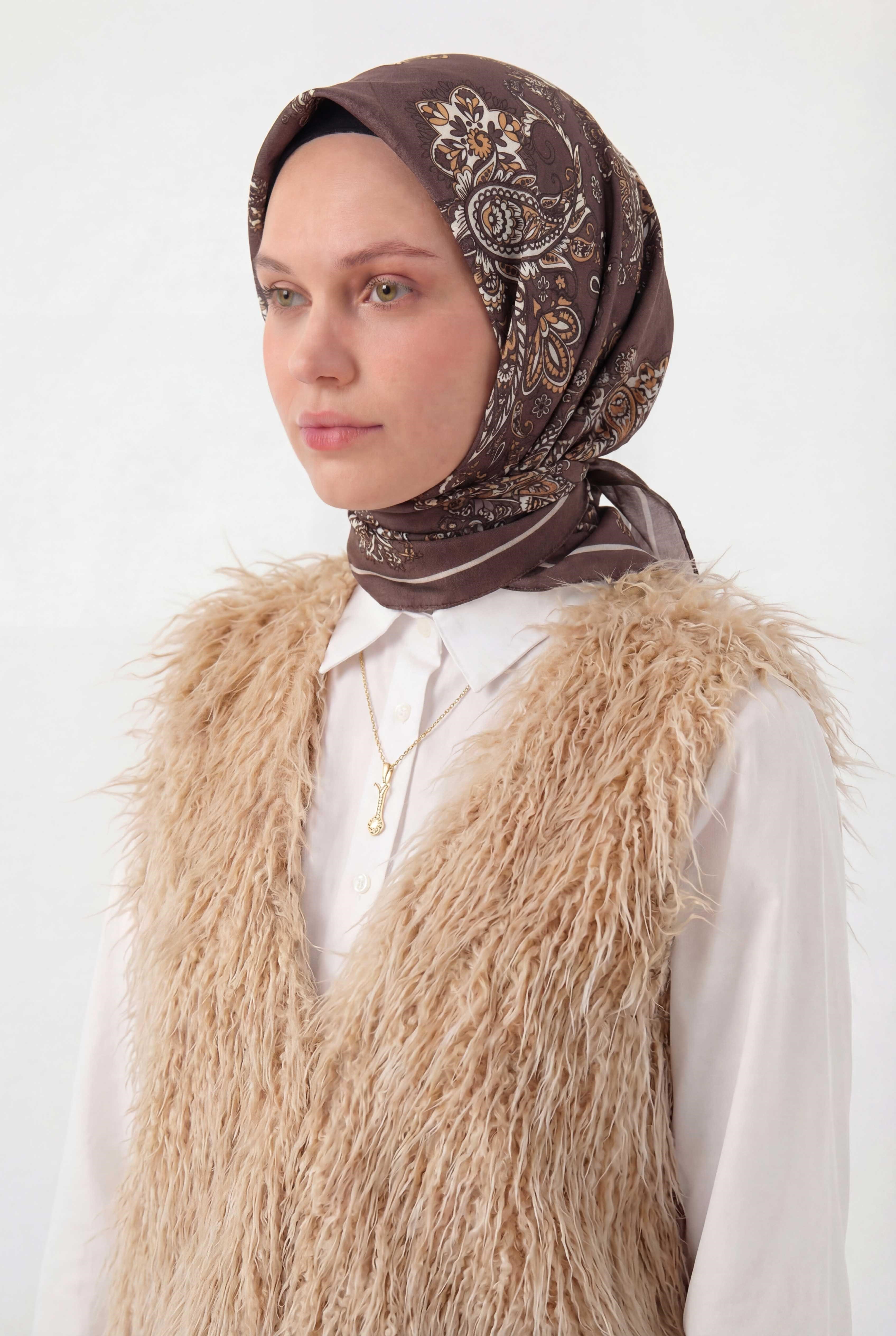 Viskon Velora Eşarp Dört Mevsim Barok Floral Desen Kahve Bordo 90X90
