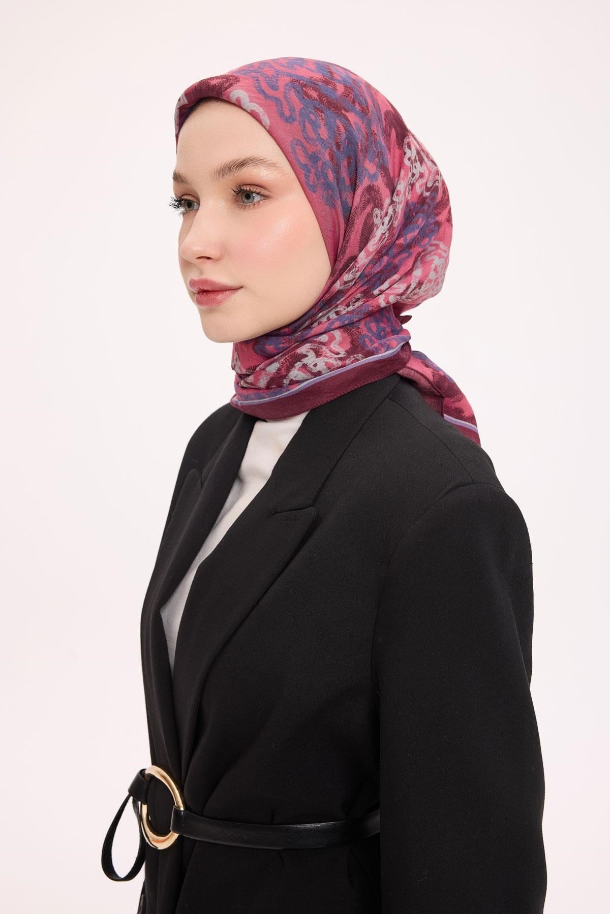 Viskon Velora Eşarp Dört Mevsim Dalga İzi Desen Canlı Mürdüm 90X90