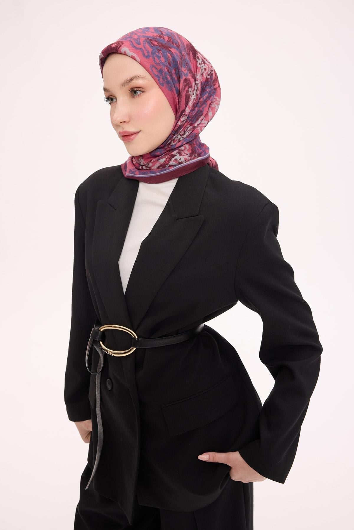 Viskon Velora Eşarp Dört Mevsim Dalga İzi Desen Canlı Mürdüm 90X90