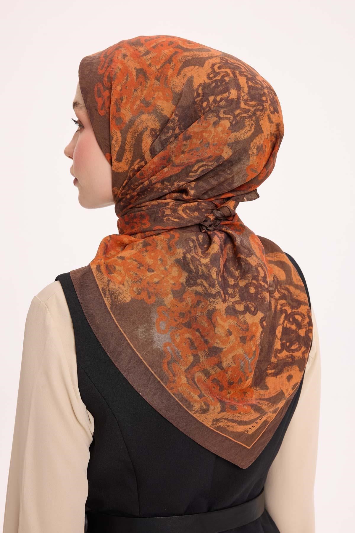 Viskon Velora Eşarp Dört Mevsim Dalga İzi Desen Mocha 90X90