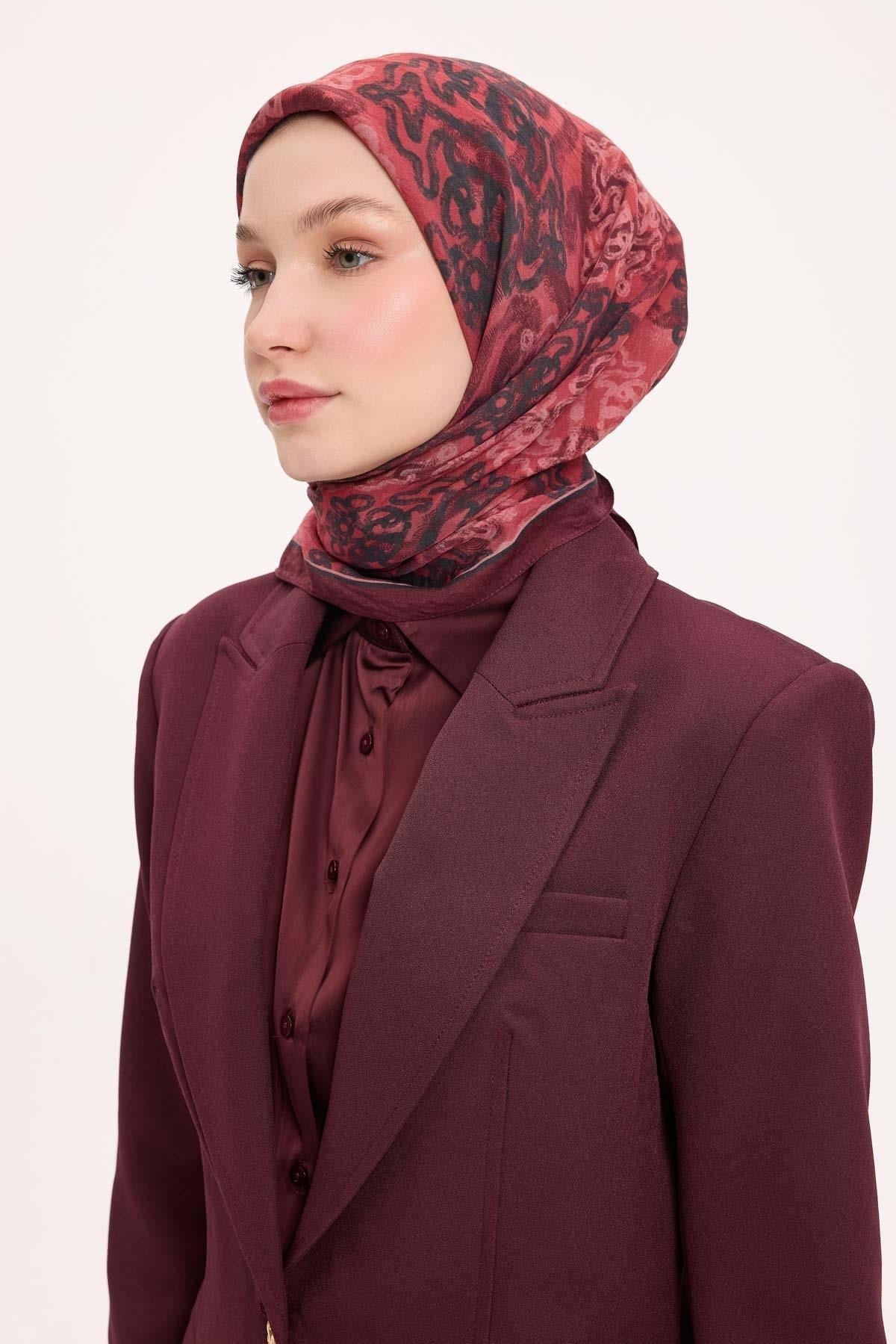 Viskon Velora Eşarp Dört Mevsim Dalga İzi Desen Mürdüm 90X90