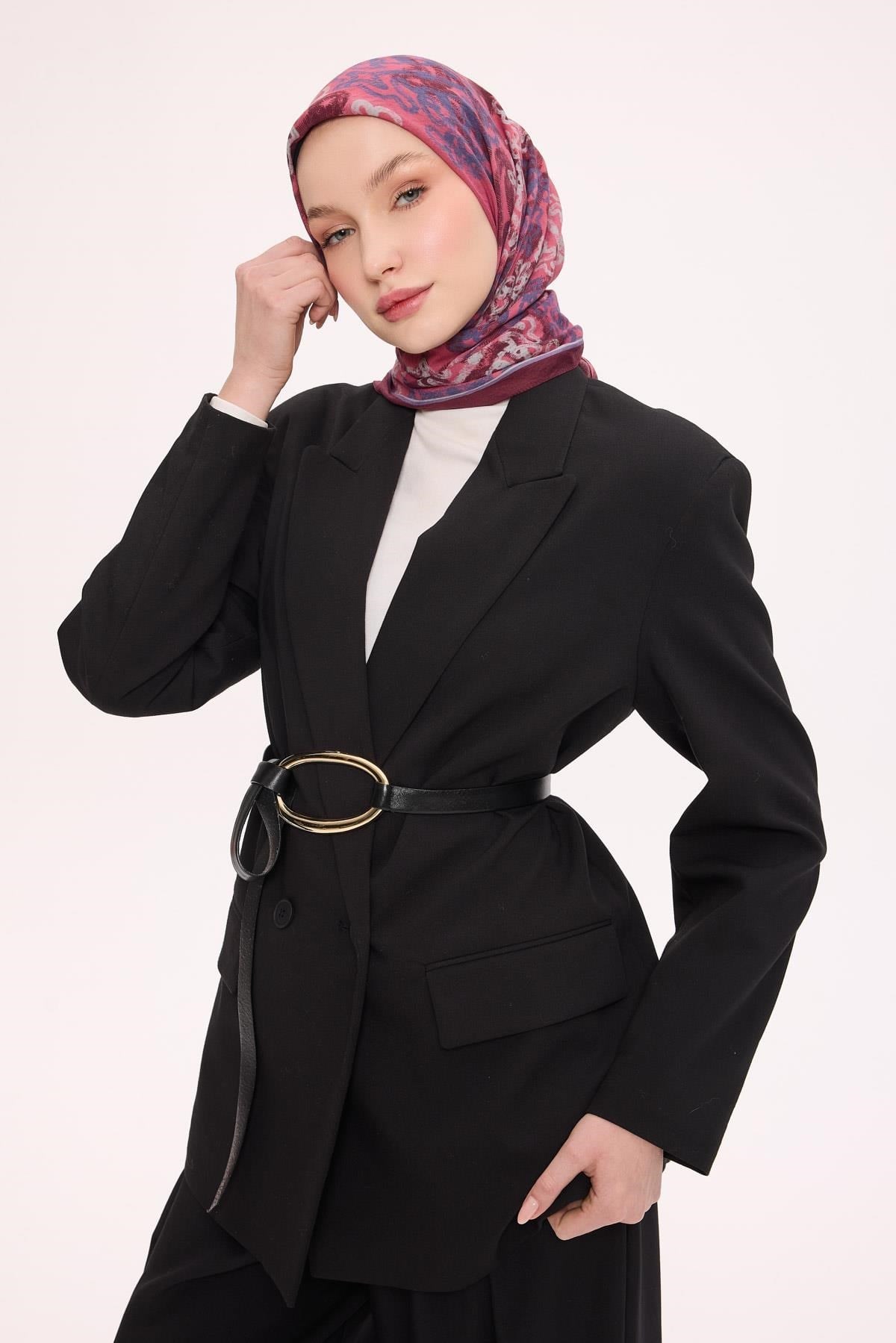 Viskon Velora Eşarp Dört Mevsim Dalga İzi Desen Canlı Mürdüm 90X90