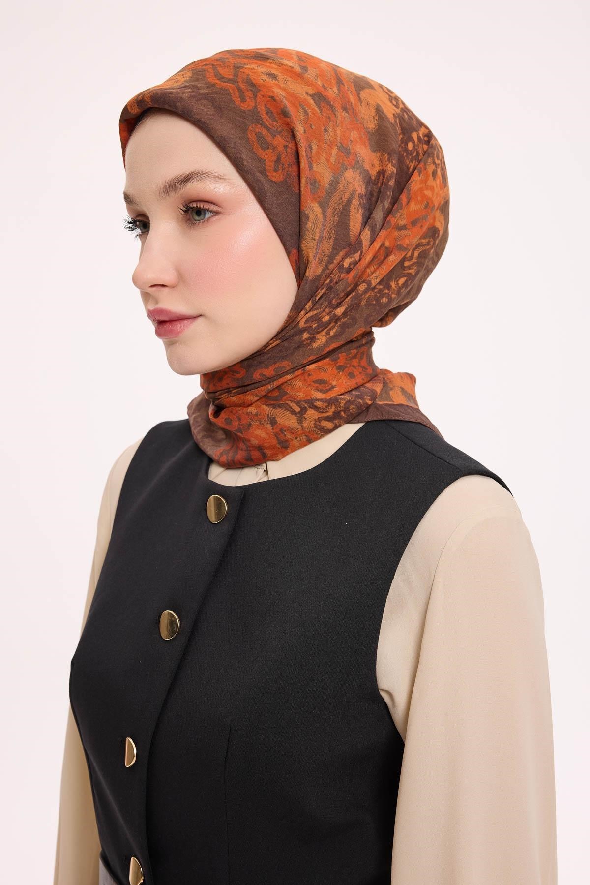 Viskon Velora Eşarp Dört Mevsim Dalga İzi Desen Mocha 90X90