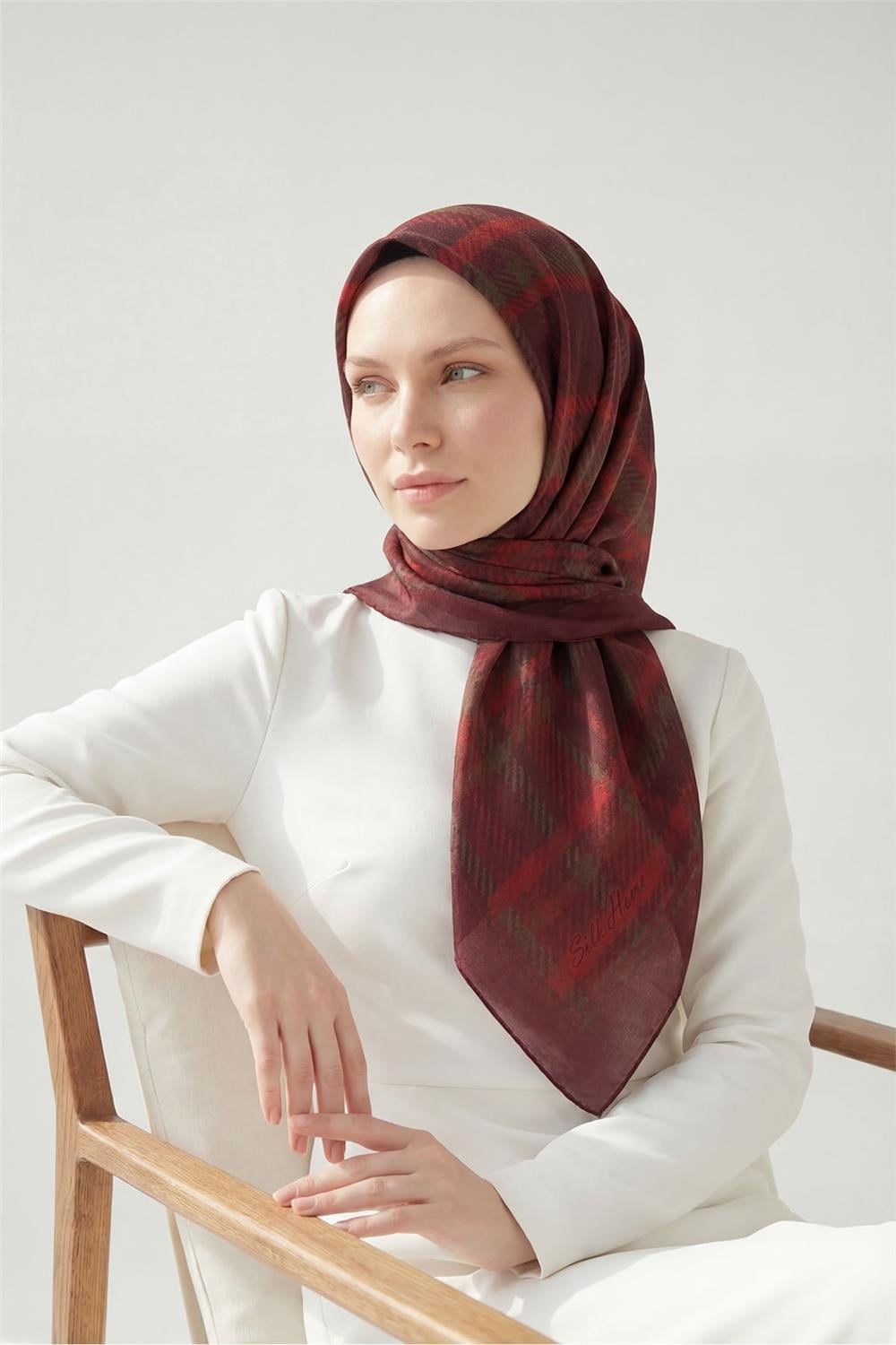 Viskon Velora Eşarp Dört Mevsim Ekose Desen Bordo 90x90