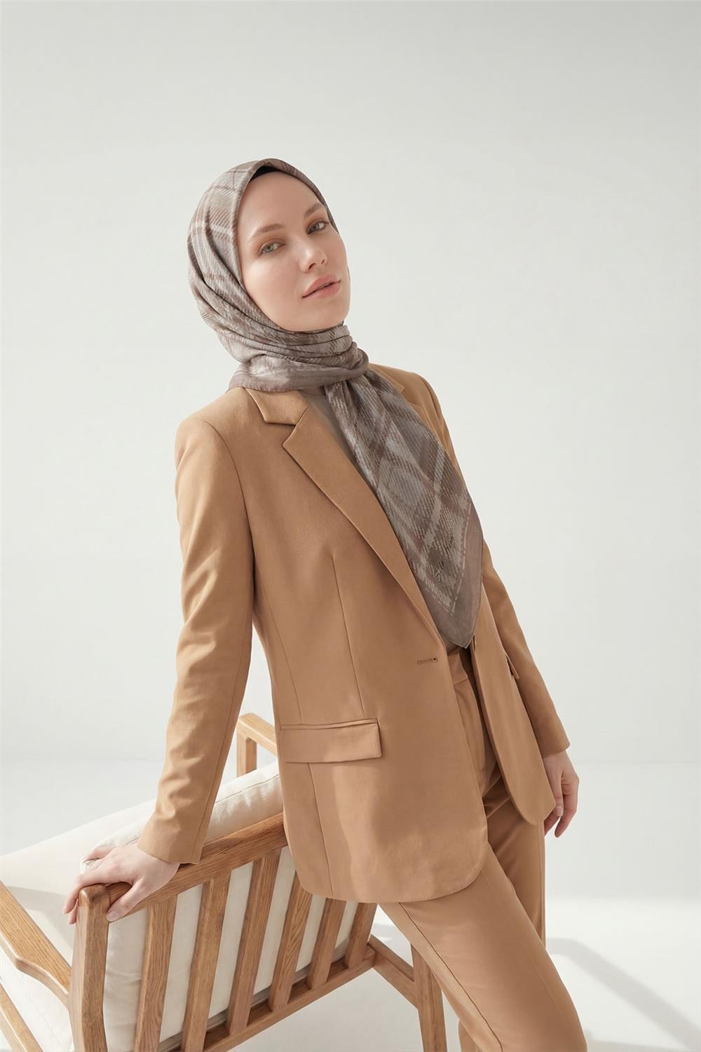 Viskon Velora Eşarp Dört Mevsim Ekose Desen Latte 90x90