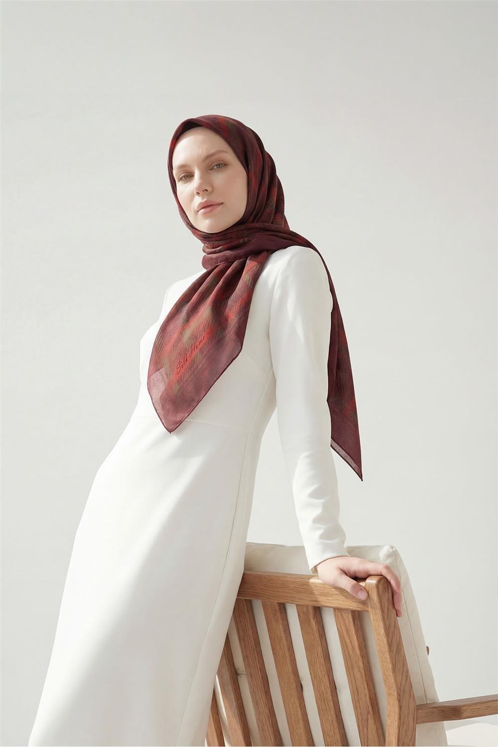 Viskon Velora Eşarp Dört Mevsim Ekose Desen Bordo 90x90