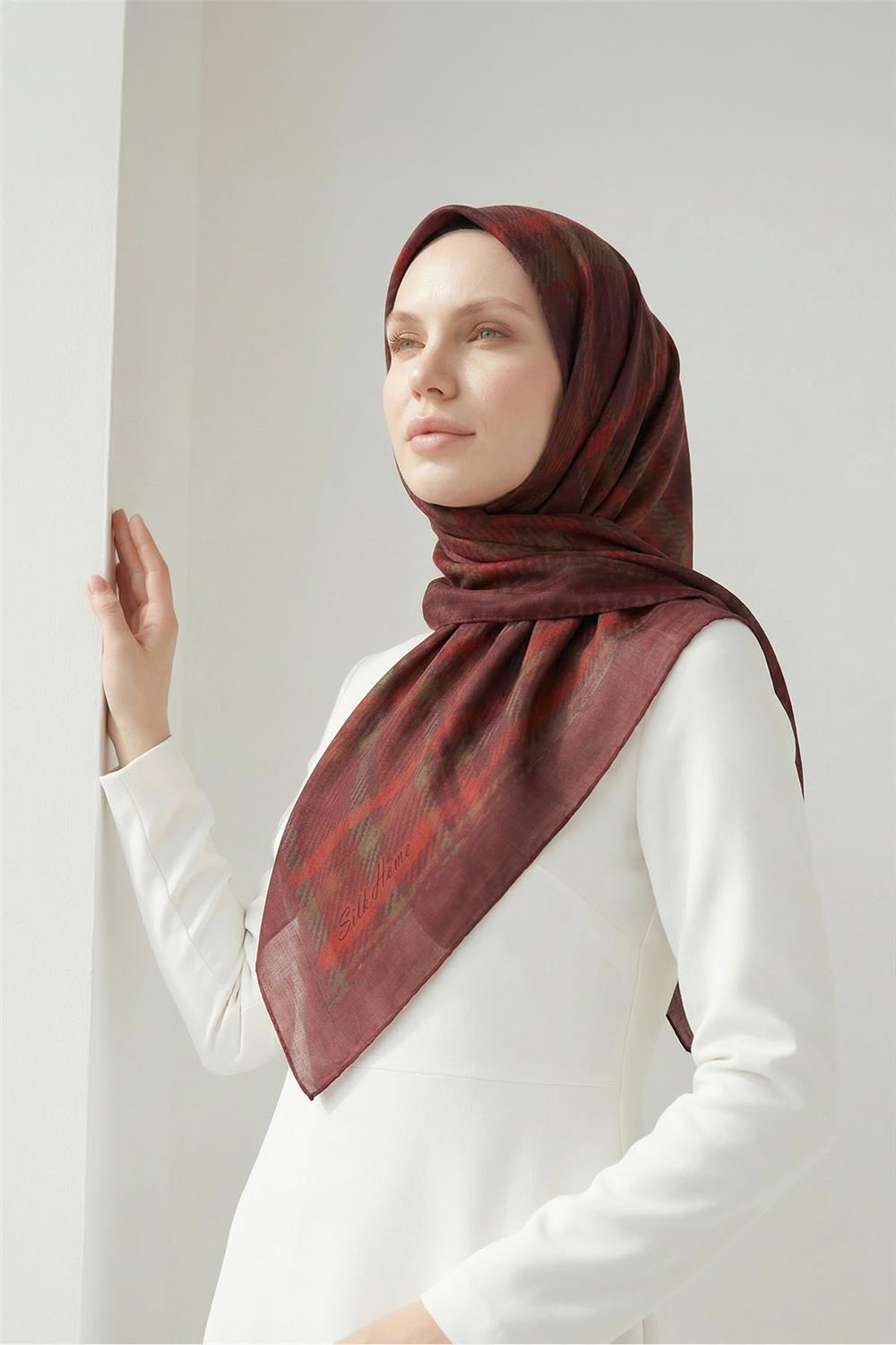 Viskon Velora Eşarp Dört Mevsim Ekose Desen Bordo 90x90