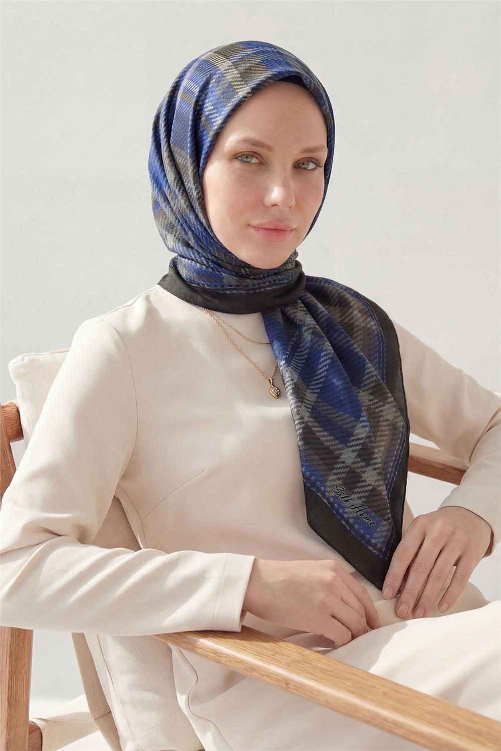 Viskon Velora Eşarp Dört Mevsim Ekose Desen Duman 90x90