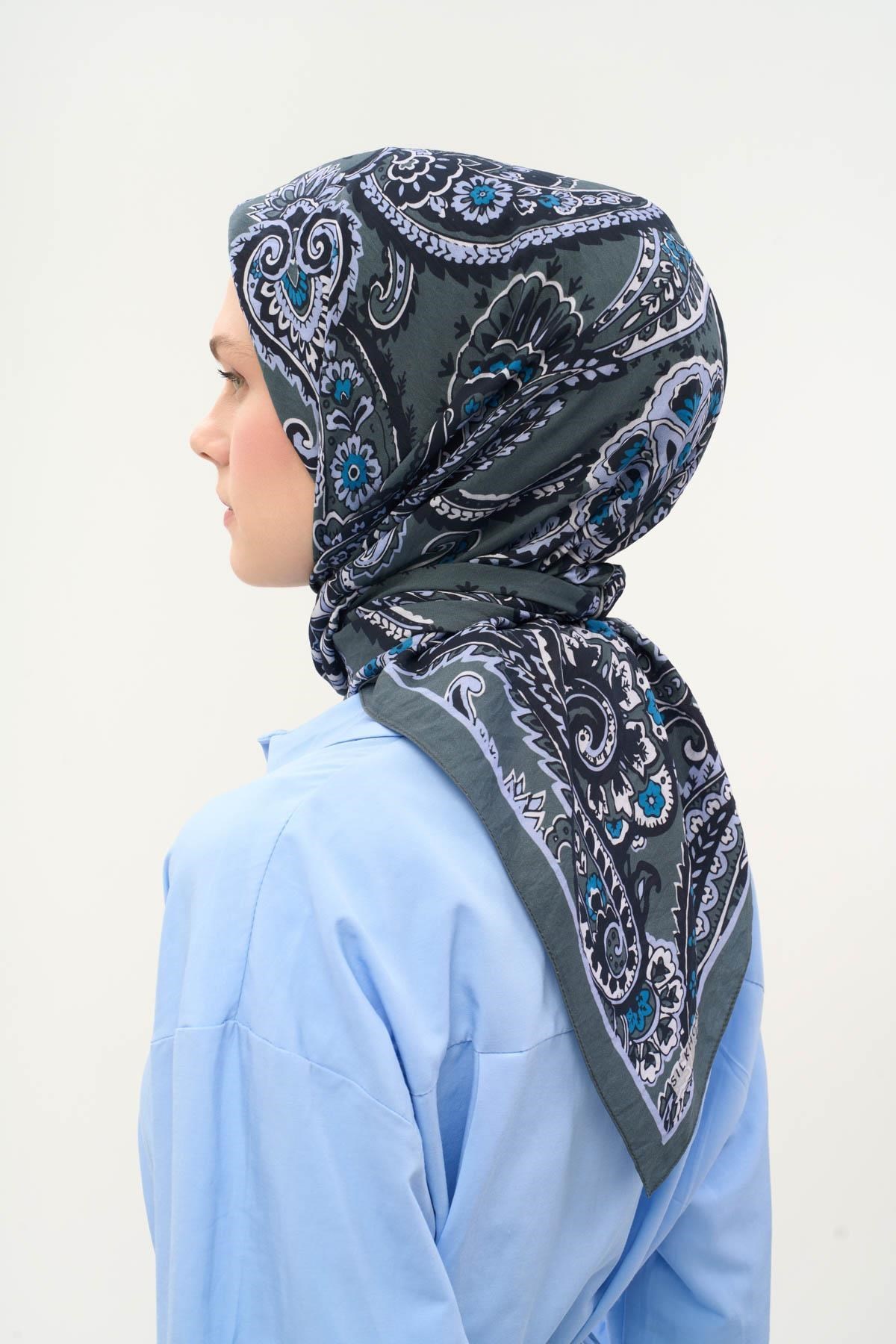 Viskon Velora Eşarp Dört Mevsim Etro Desen Küf Yeşili 90X90