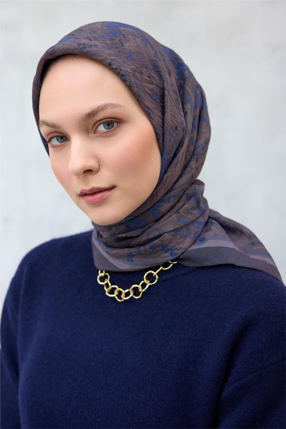 Viskon Velora Eşarp Dört Mevsim Karma Desen Koyu Indigo 90x90