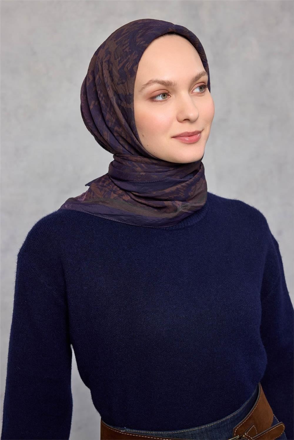 Viskon Velora Eşarp Dört Mevsim Karma Desen Patlıcan Moru 90x90