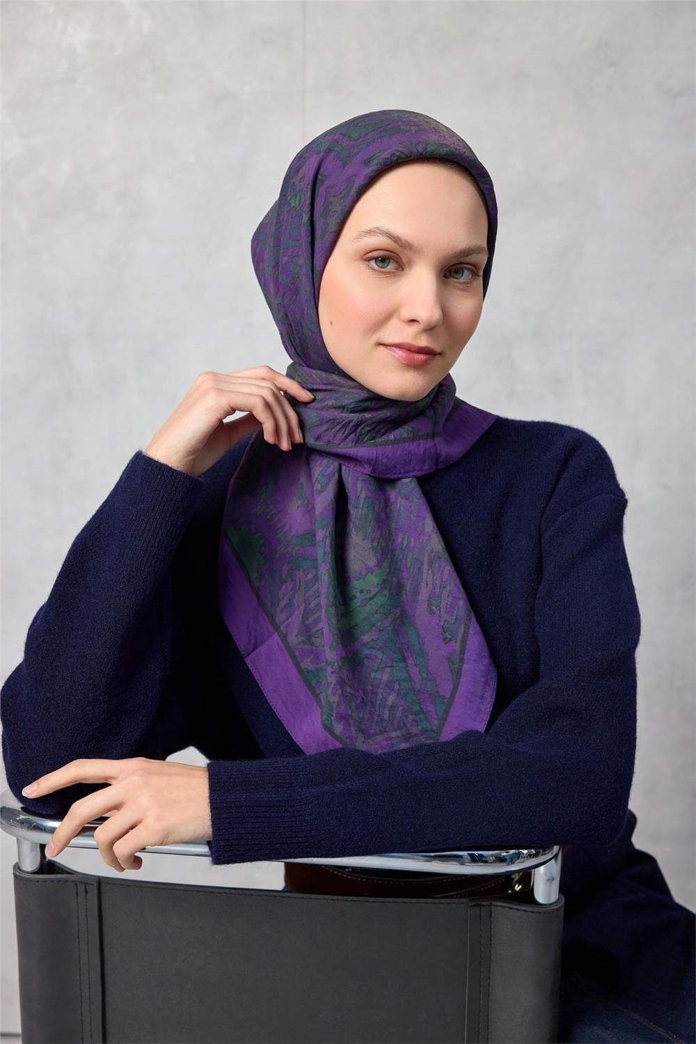 Viskon Velora Eşarp Dört Mevsim Karma Desen Menekşe 90x90