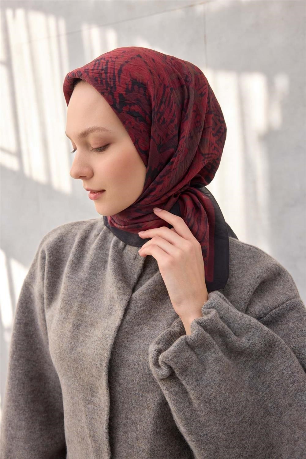 Viskon Velora Eşarp Dört Mevsim Karma Desen Bordo 90x90