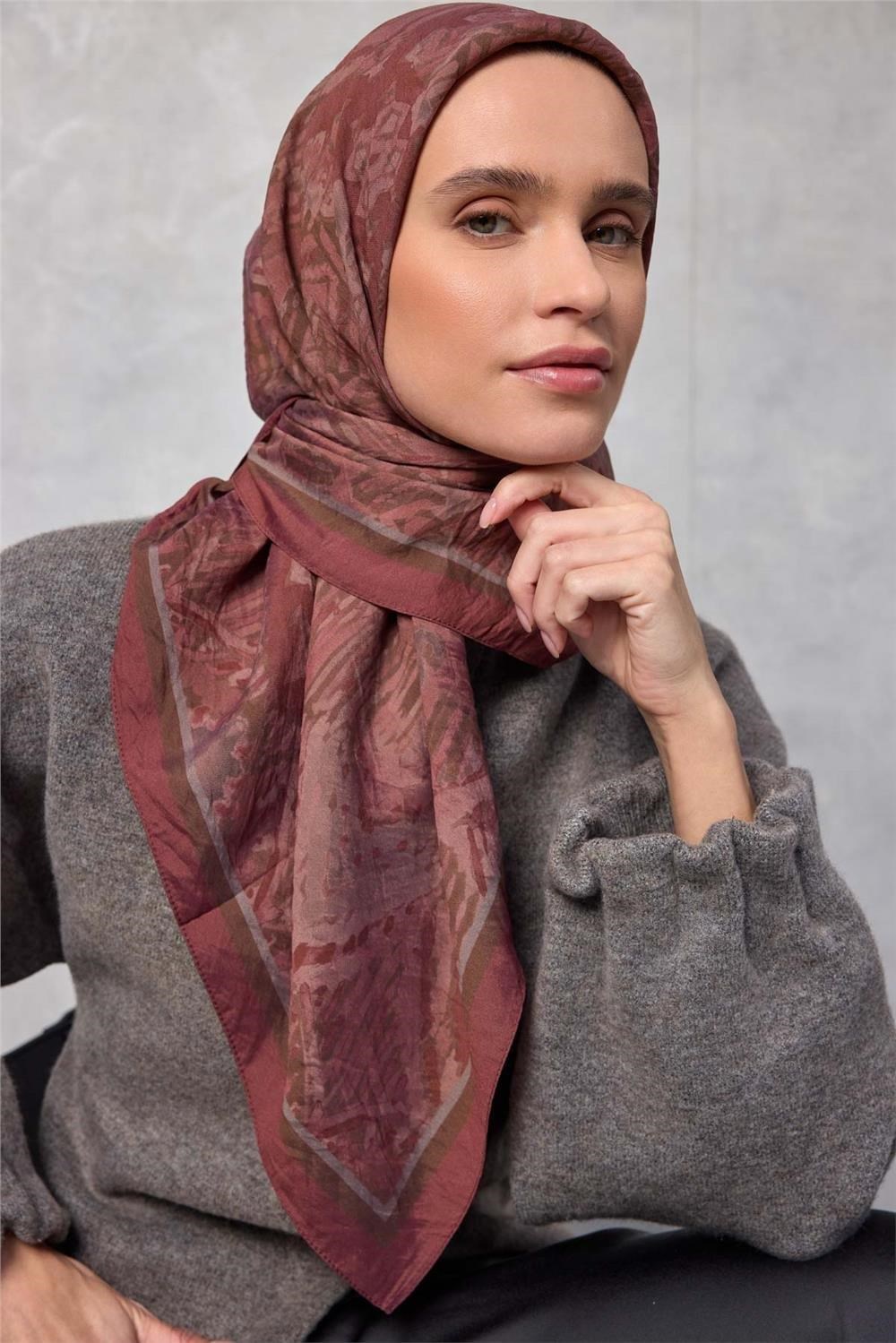 Viskon Velora Eşarp Dört Mevsim Karma Desen Kiremit Bordo 90x90