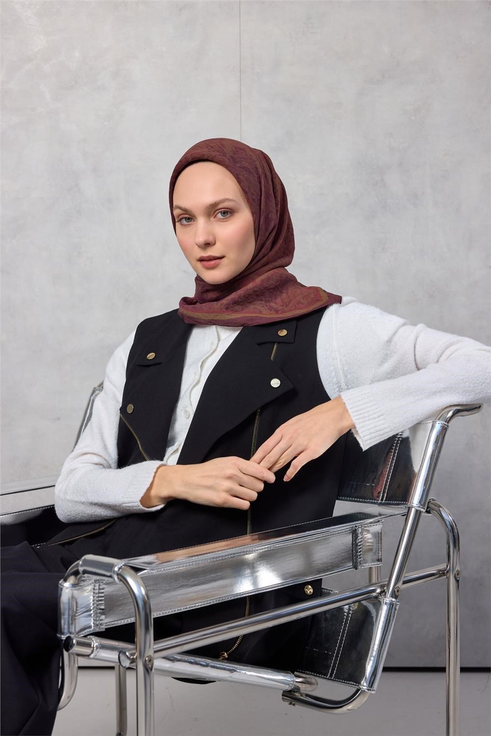 Viskon Velora Eşarp Dört Mevsim Karma Desen Vişne Mürdüm 90x90