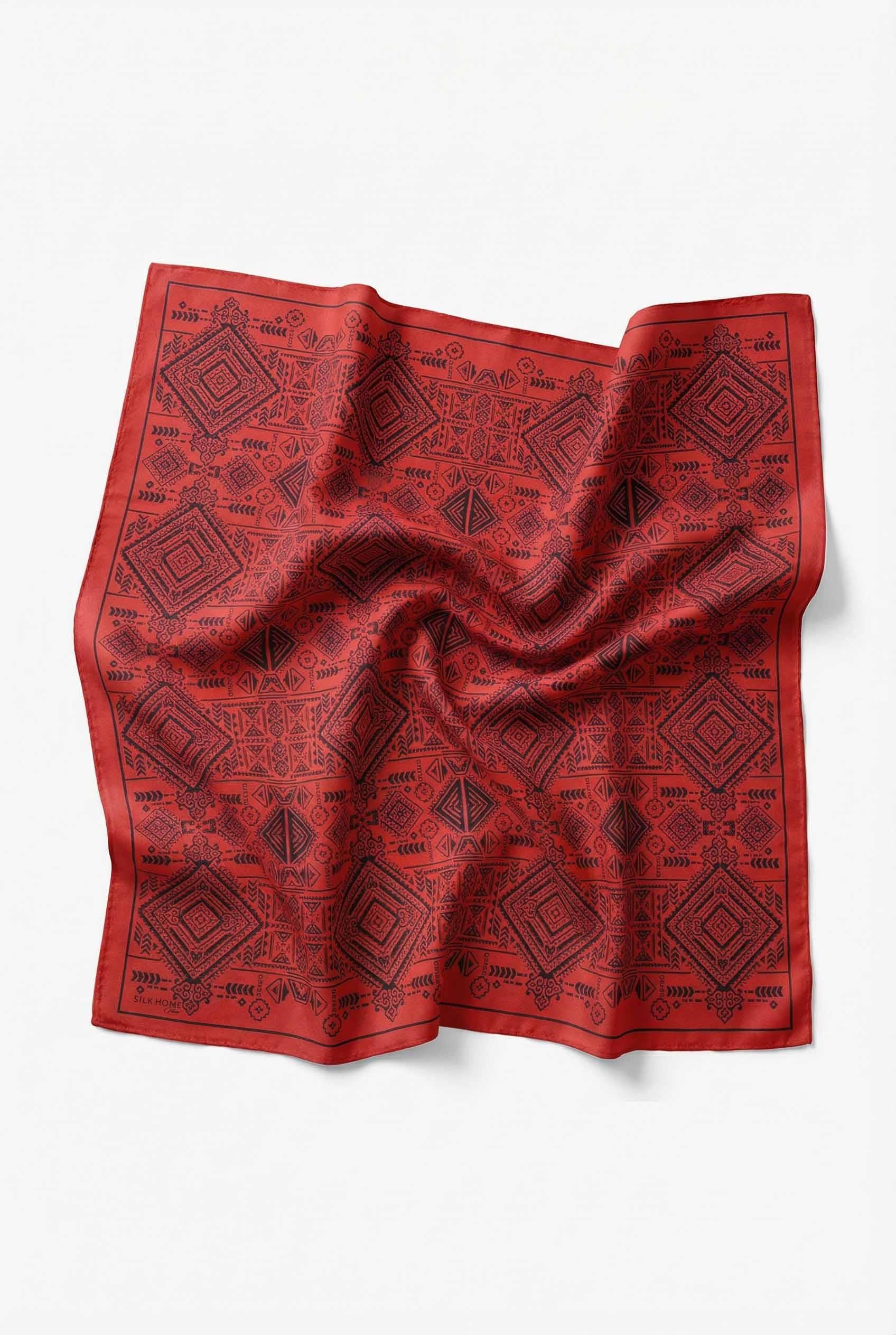 Viskon Velora Eşarp Dört Mevsim Kilim Desen Kırmızı 90X90