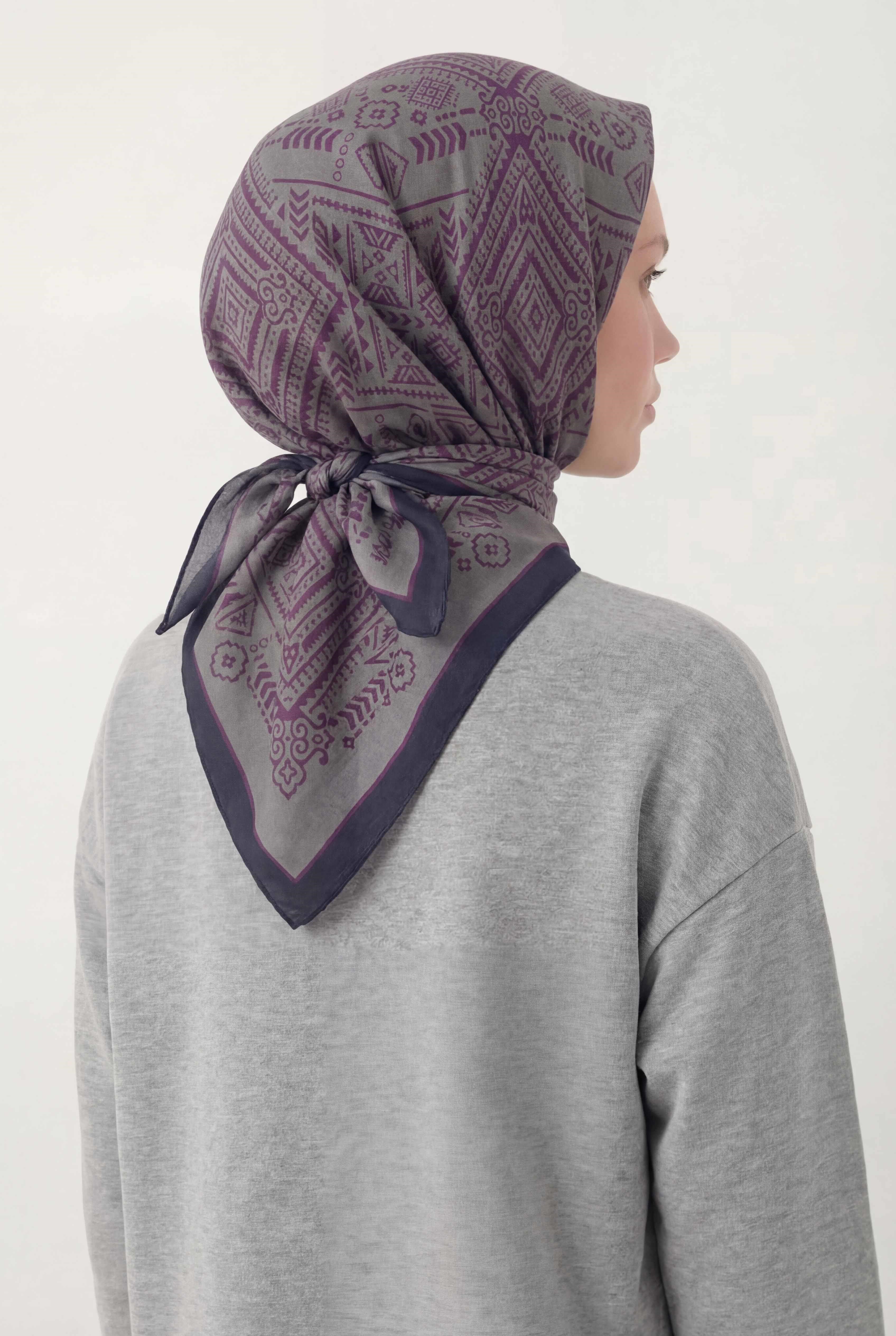 Viskon Velora Eşarp Dört Mevsim Kilim Desen Gri Siyah 90X90