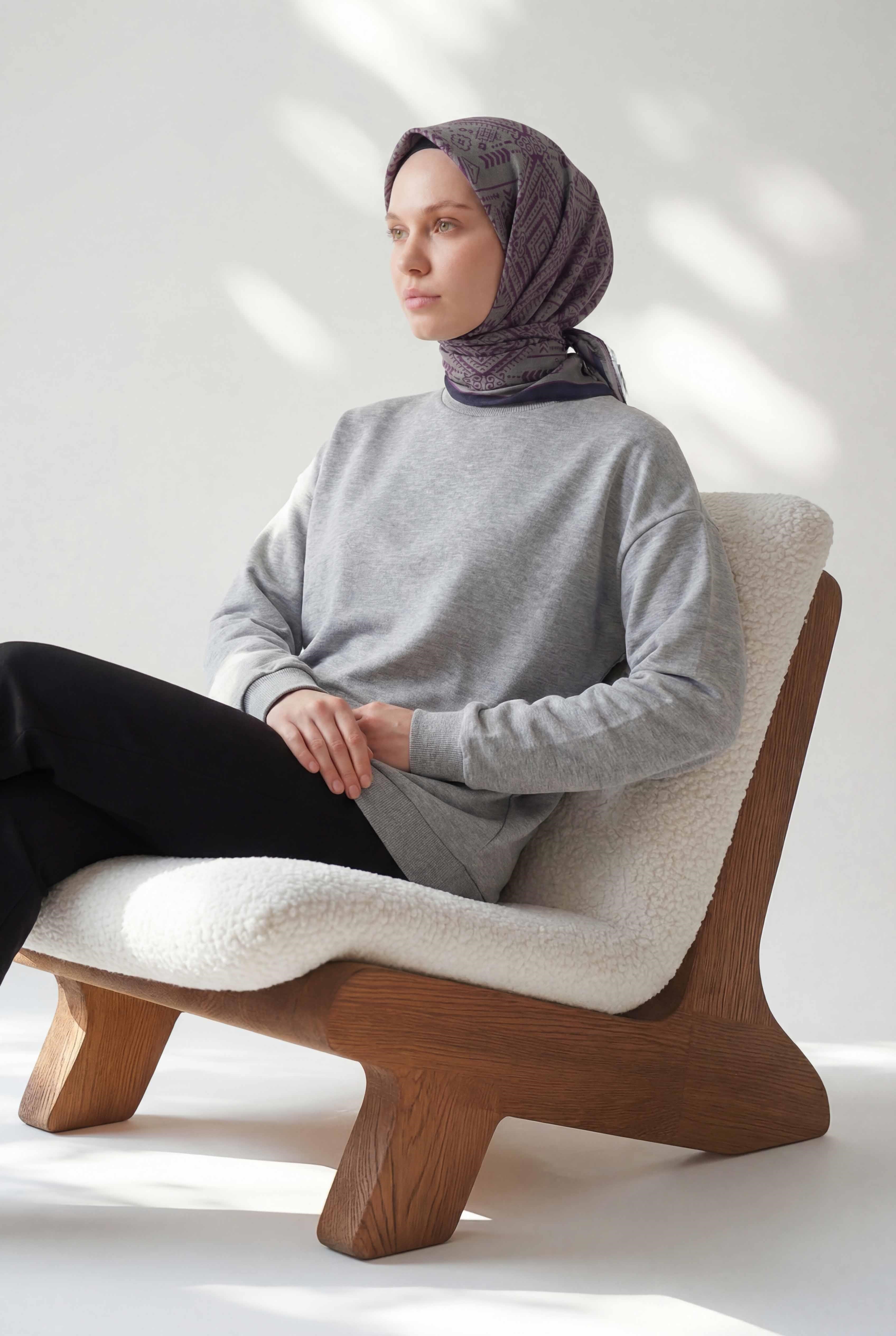 Viskon Velora Eşarp Dört Mevsim Kilim Desen Gri Siyah 90X90