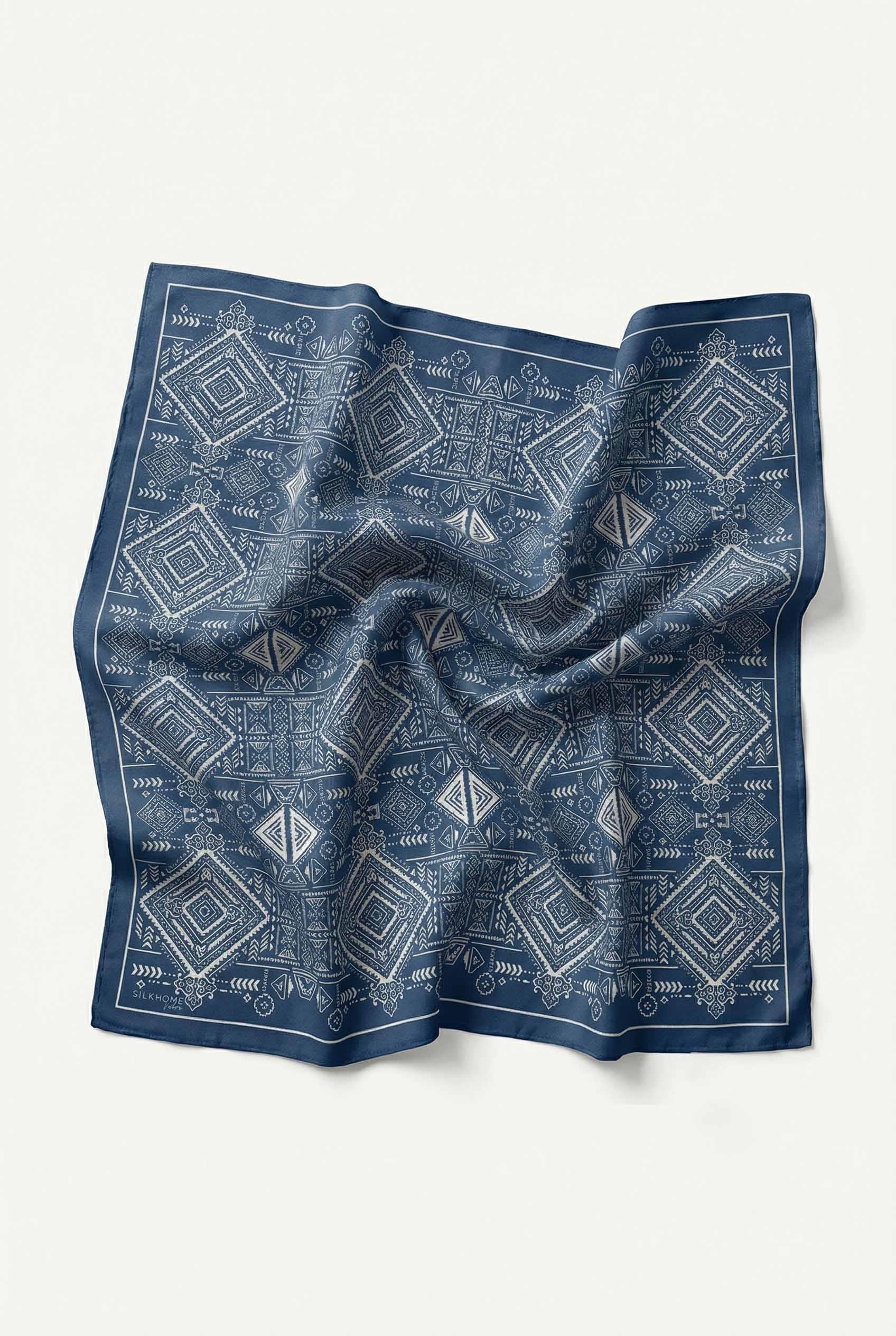 Viskon Velora Eşarp Dört Mevsim Kilim Desen Dumanlı Mavi 90X90