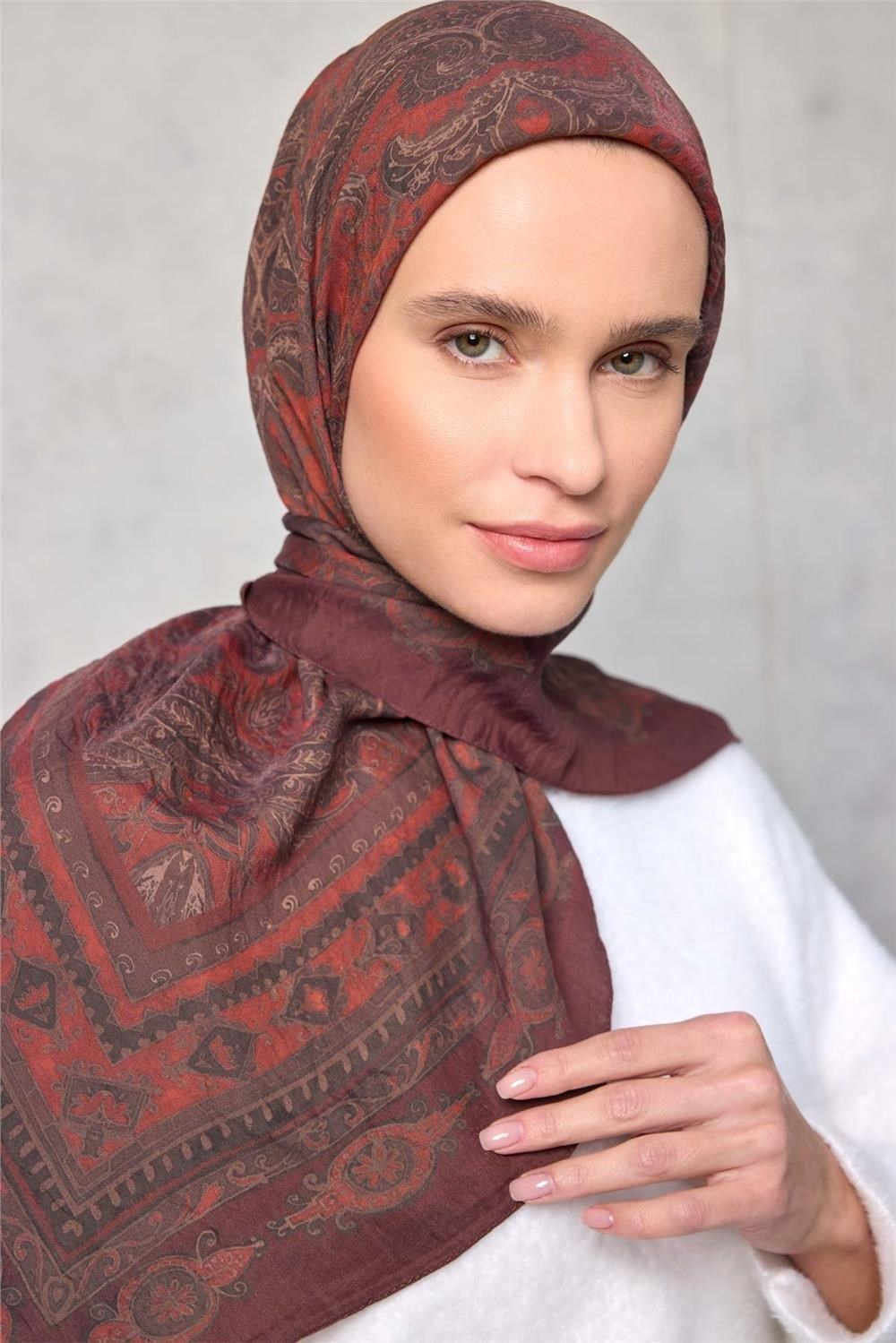 Viskon Velora Eşarp Dört Mevsim Kızıl Kahve 90x90