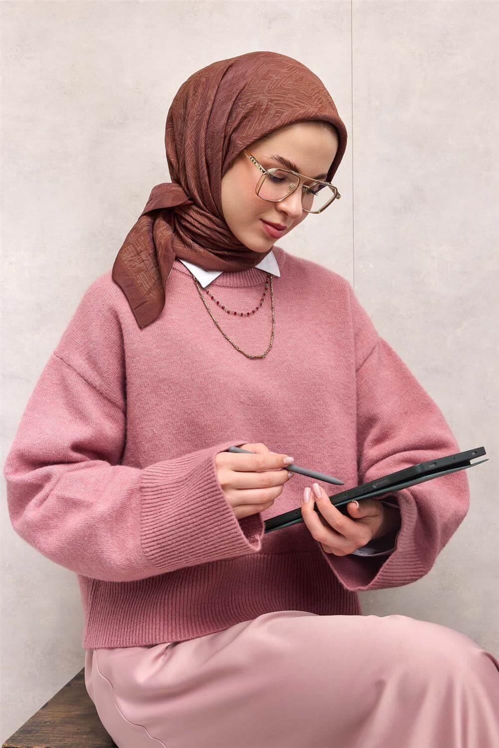 Viskon Velora Eşarp Dört Mevsim Labirent Desen Pastel Mor 90x90