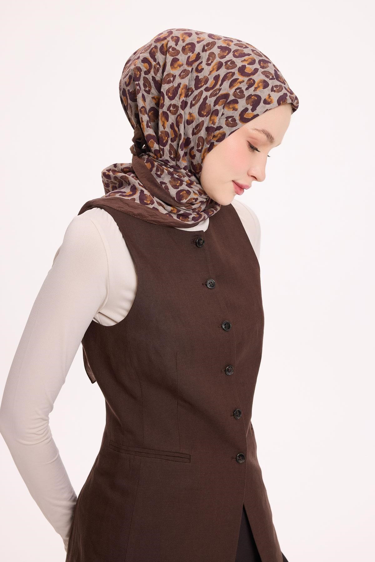 Viskon Velora Eşarp Dört Mevsim Leopar Desen Kahverengi 90X90