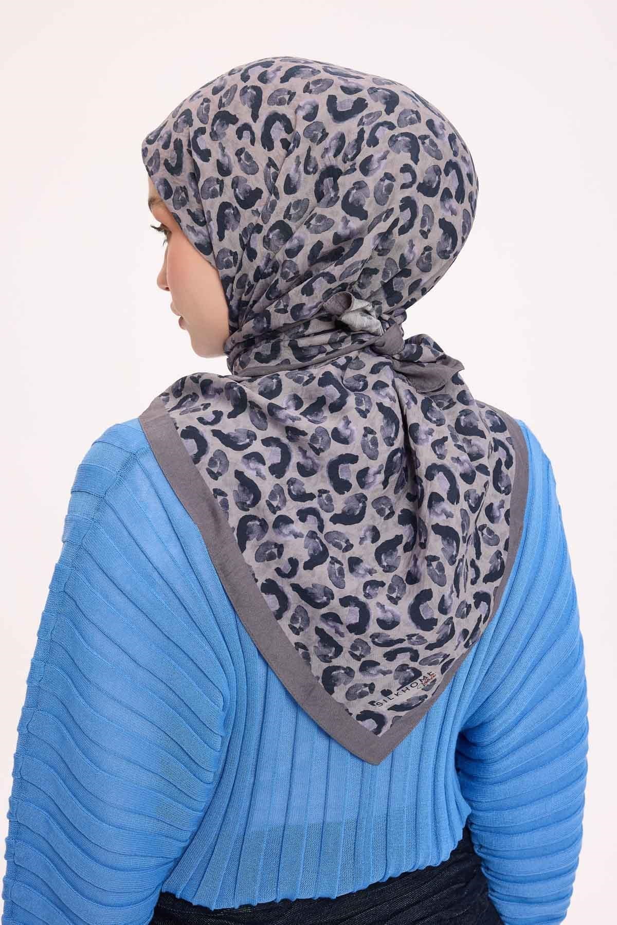 Viskon Velora Eşarp Dört Mevsim Leopar Desen Gri 90X90