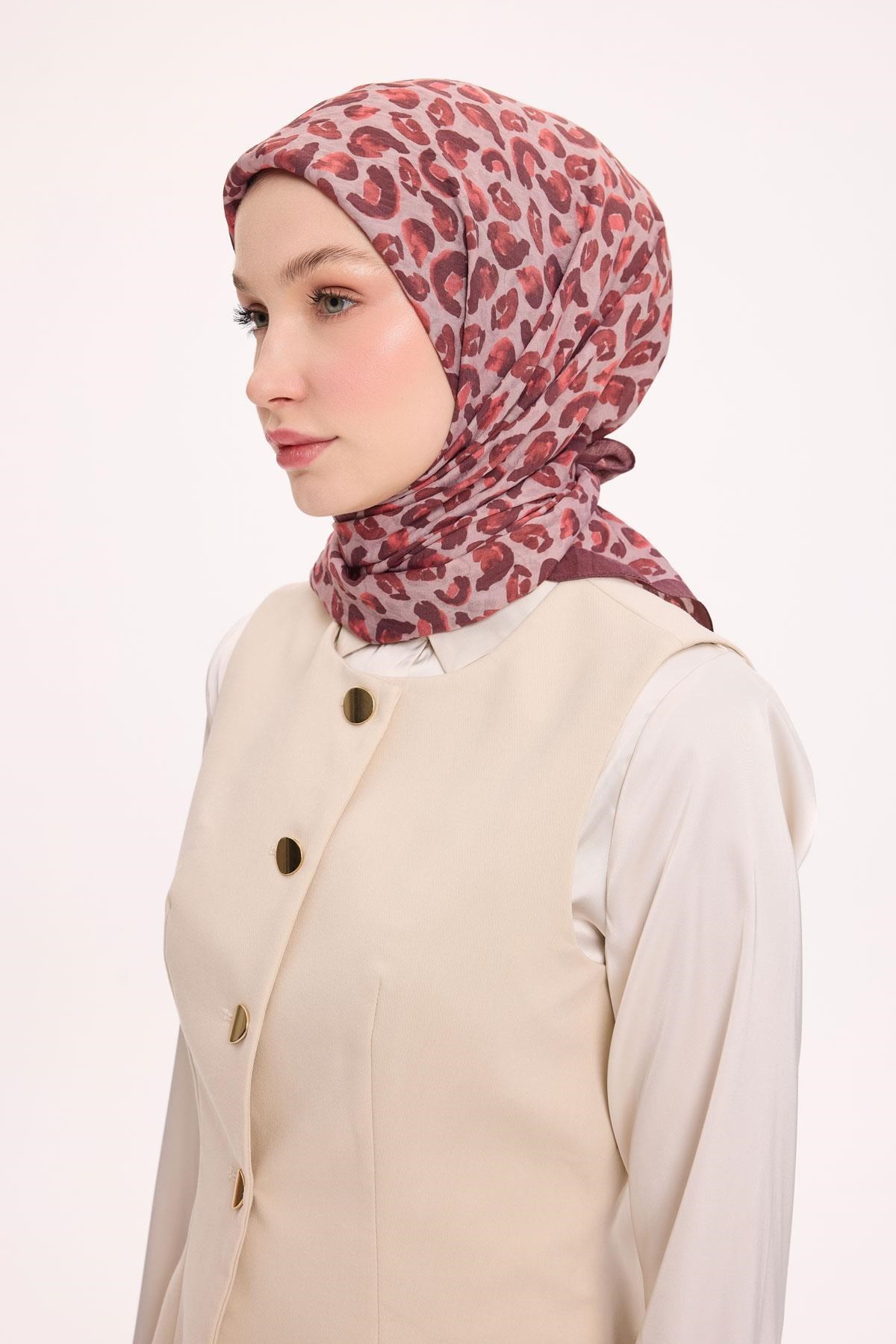 Viskon Velora Eşarp Dört Mevsim Leopar Desen Koyu Gül Kurusu 90X90