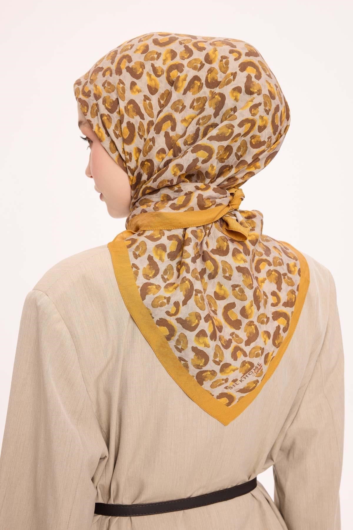 Viskon Velora Eşarp Dört Mevsim Leopar Desen Hardal 90X90