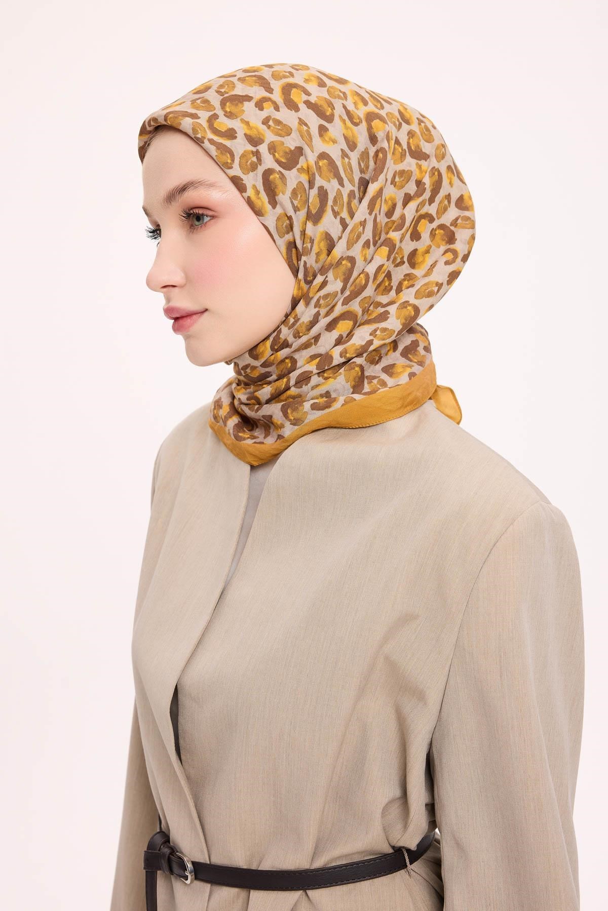 Viskon Velora Eşarp Dört Mevsim Leopar Desen Hardal 90X90