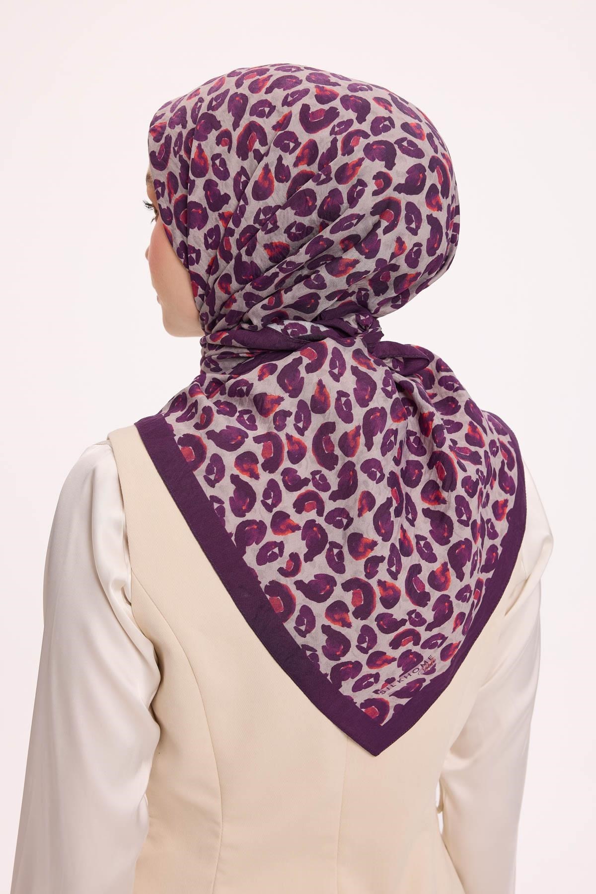Viskon Velora Eşarp Dört Mevsim Leopar Desen Mor 90X90