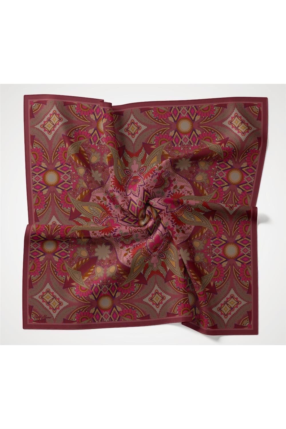 Viskon Velora Eşarp Gül Pembe Çok Renkli Desenli Tok Duruşlu 90x90
