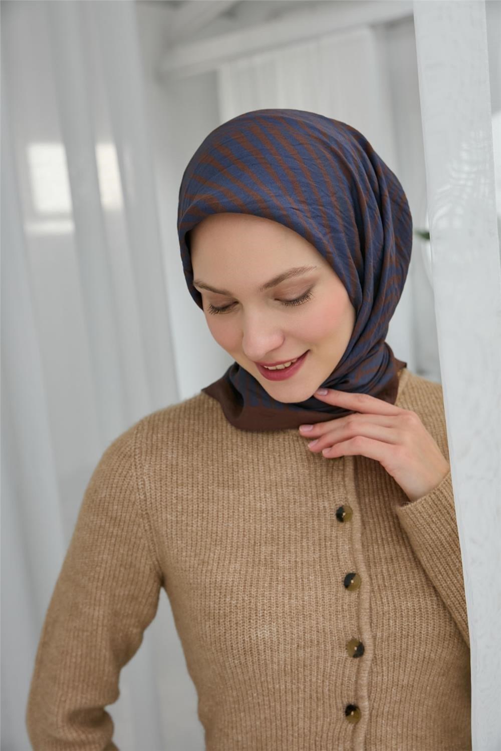 Viskon Velora Eşarp Kahverengi Indigo Dokulu Dört Mevsim 90x90