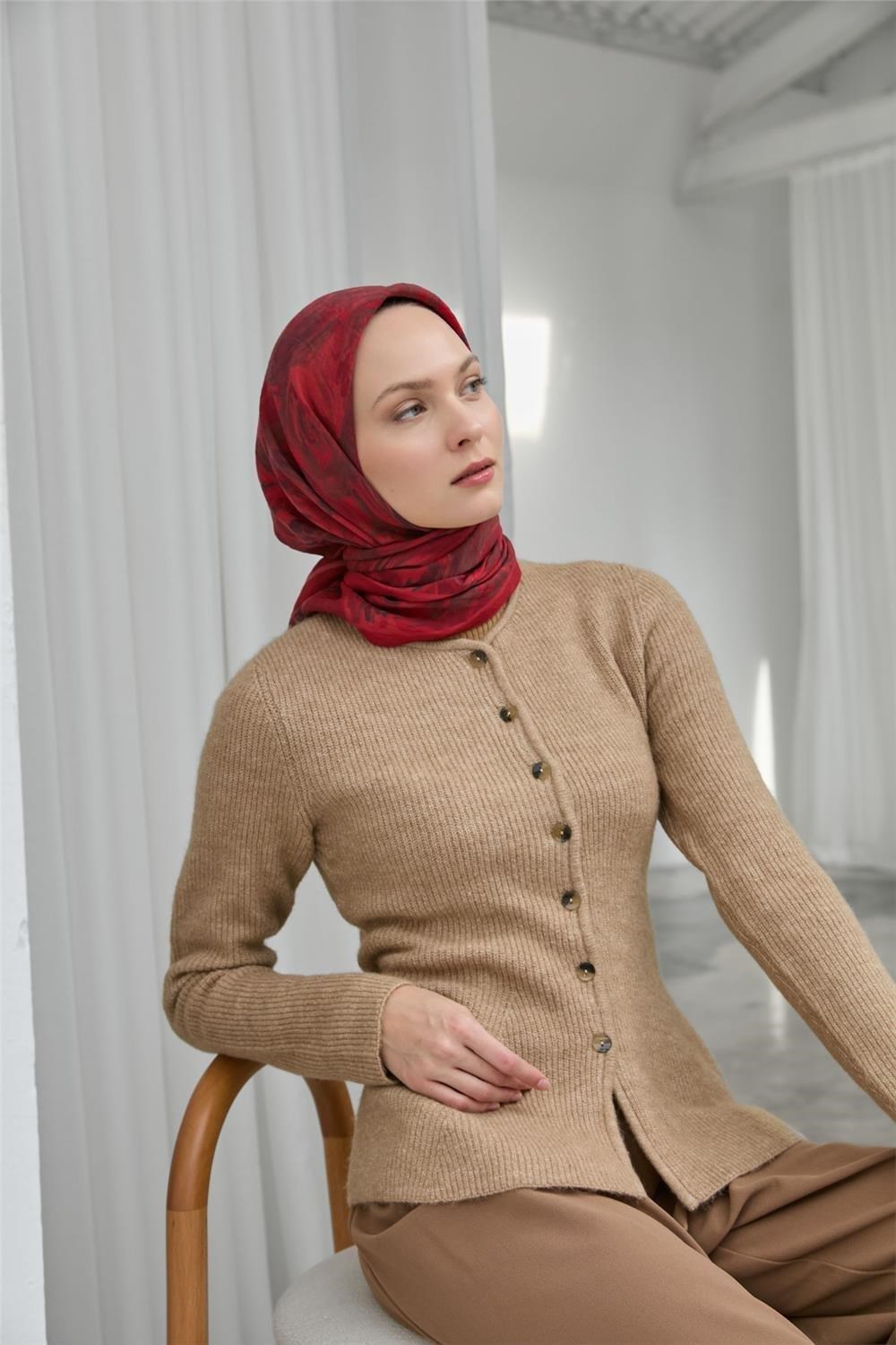 Viskon Velora Eşarp Kırmızı Bordo Desenli Yumuşak Dokulu 90x90