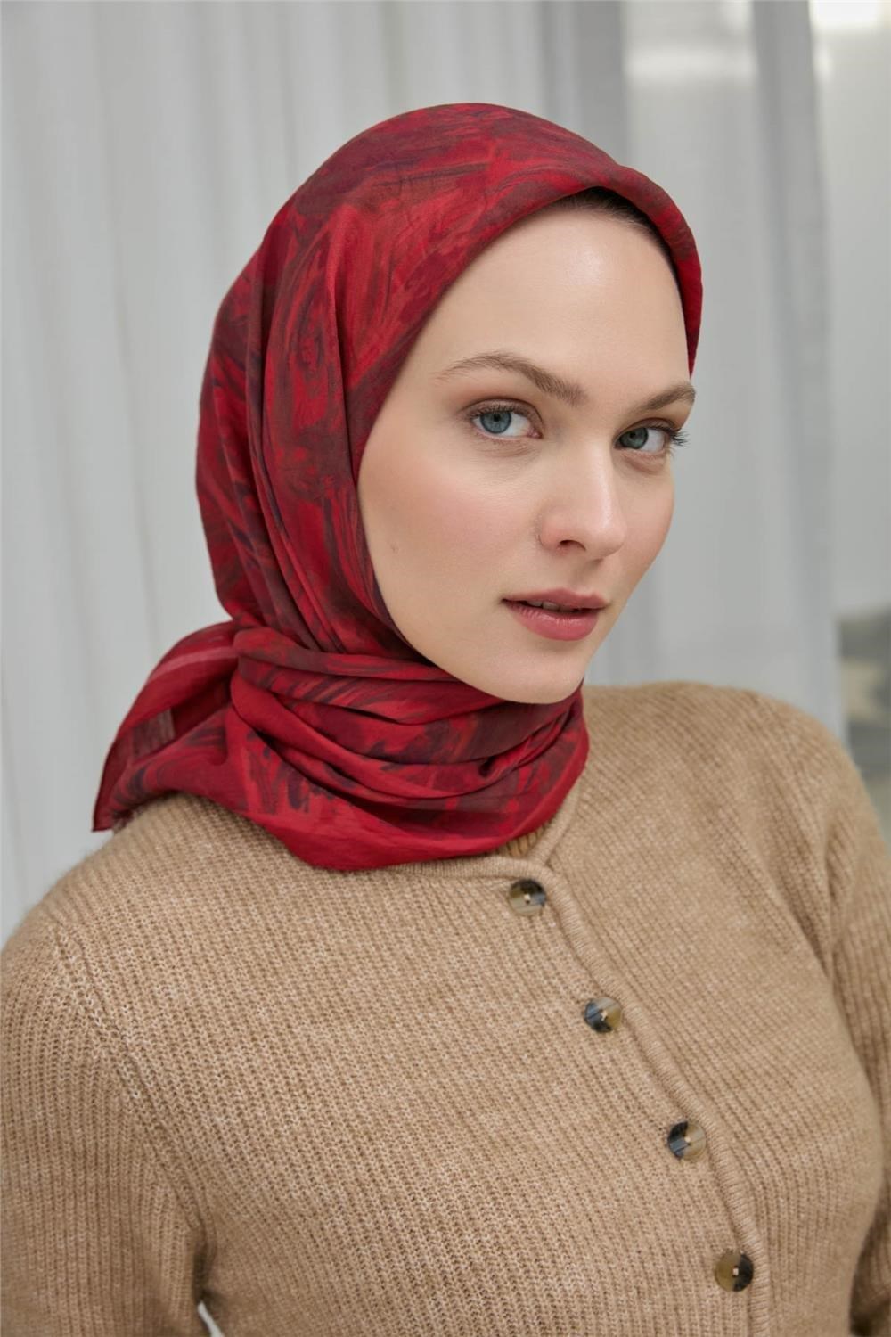 Viskon Velora Eşarp Kırmızı Bordo Desenli Yumuşak Dokulu 90x90