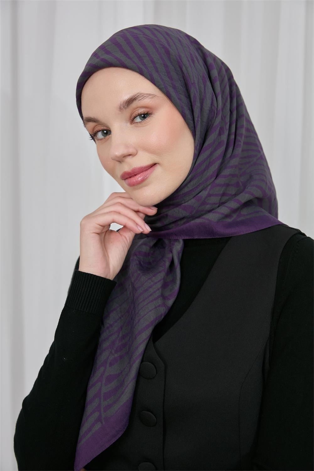 Viskon Velora Eşarp Koyu Mor Küf Yeşili Çizgili Hafif Dökümlü 90x90