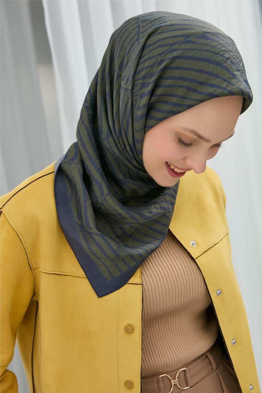 Viskon Velora Eşarp Lacivert Haki Çizgili Mat Dokulu Hafif Dökümlü 90x90