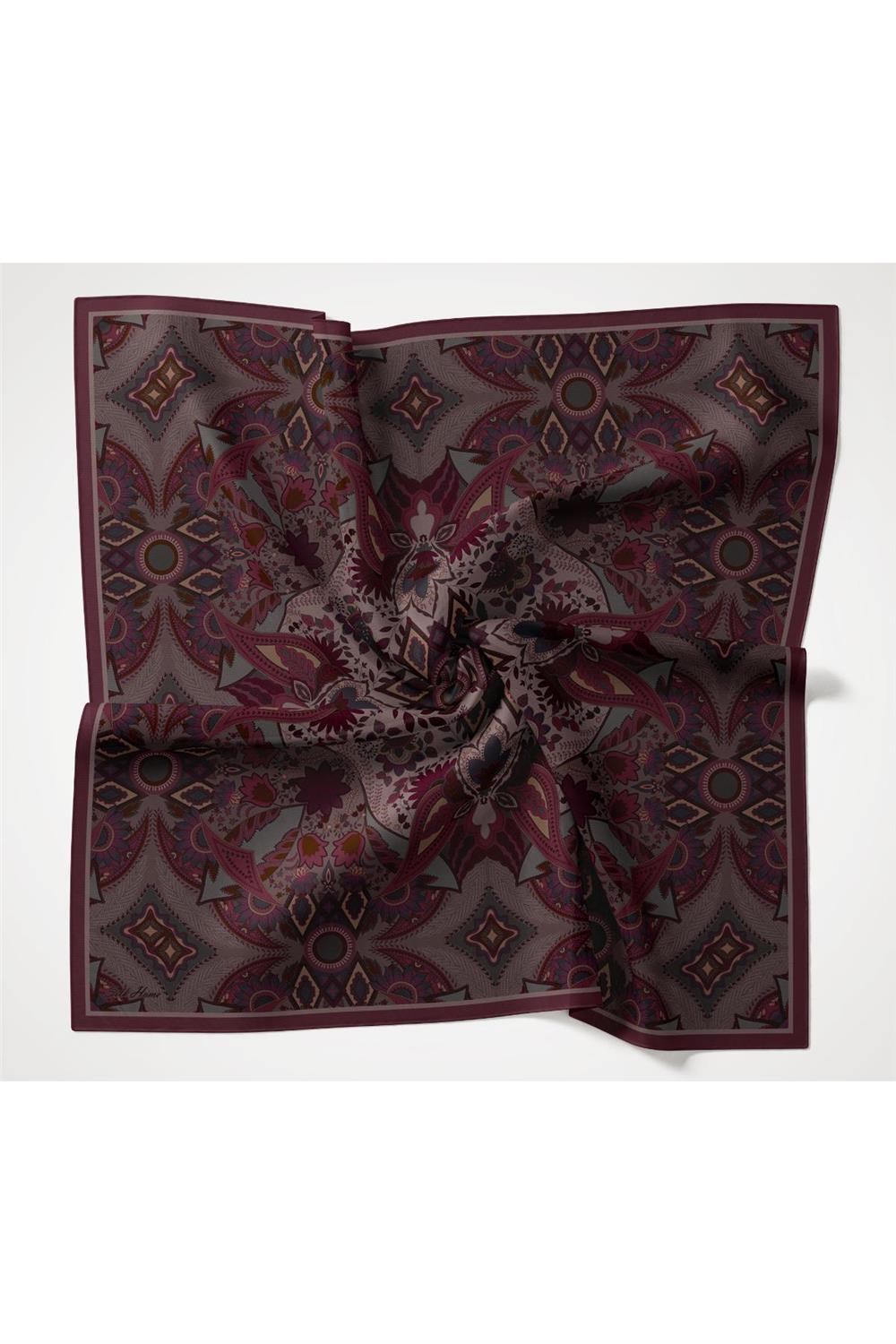 Viskon Velora Eşarp Mürdüm Çok Renkli Desenli Tok Duruşlu 90x90