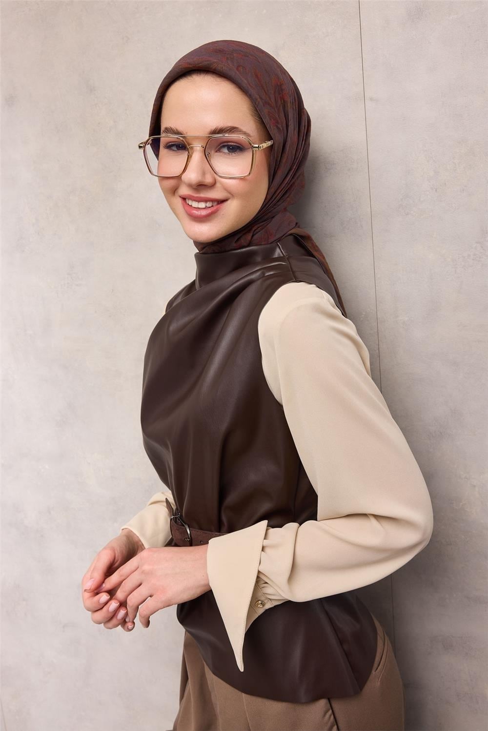 Viskon Velora Eşarp Mürdüm Floral Desenli Tok Duruşlu 90x90