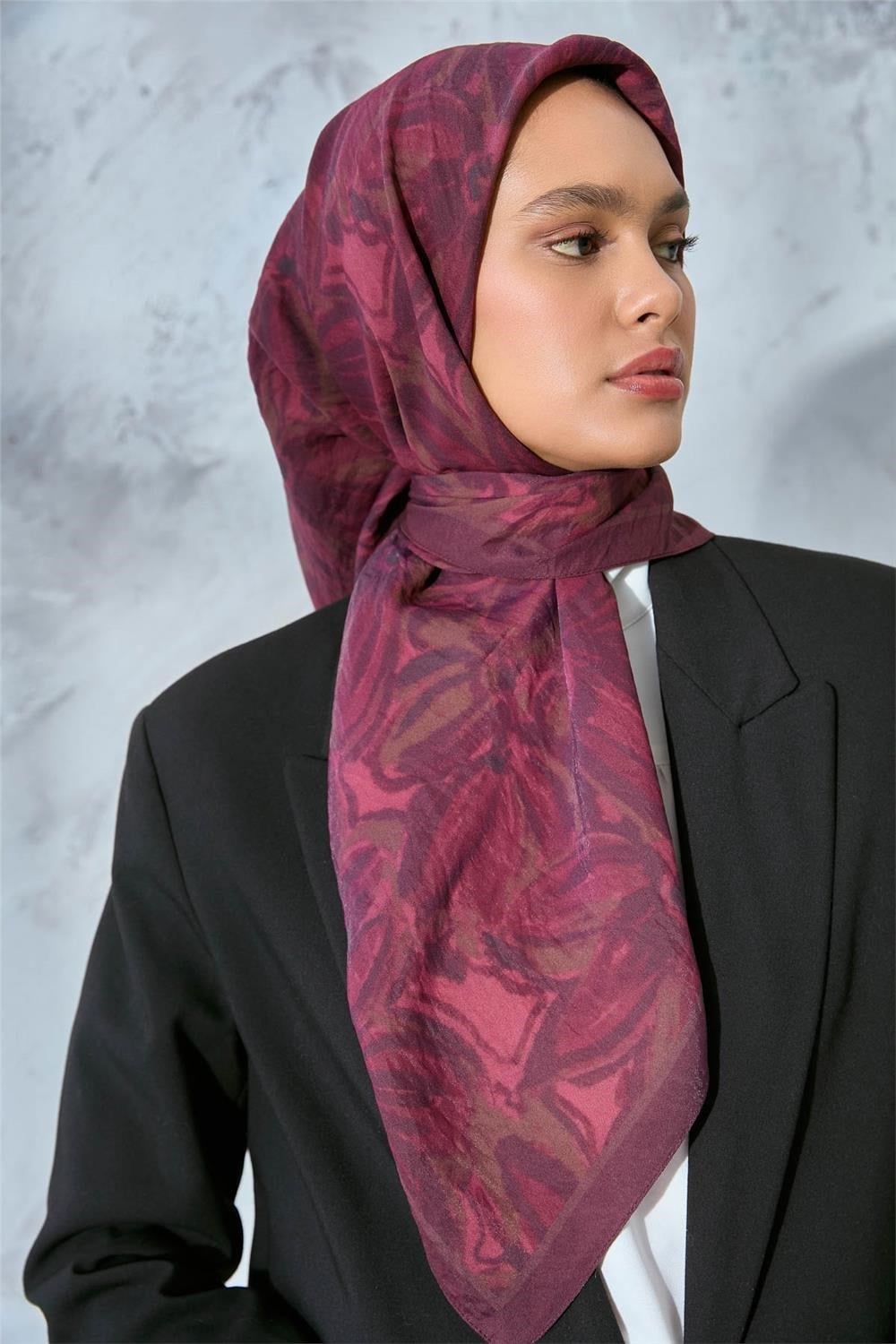 Viskon Velora Eşarp Mürdüm-Vişne Tonlu Desenli Tok Duruşlu Kaymaz 90x90