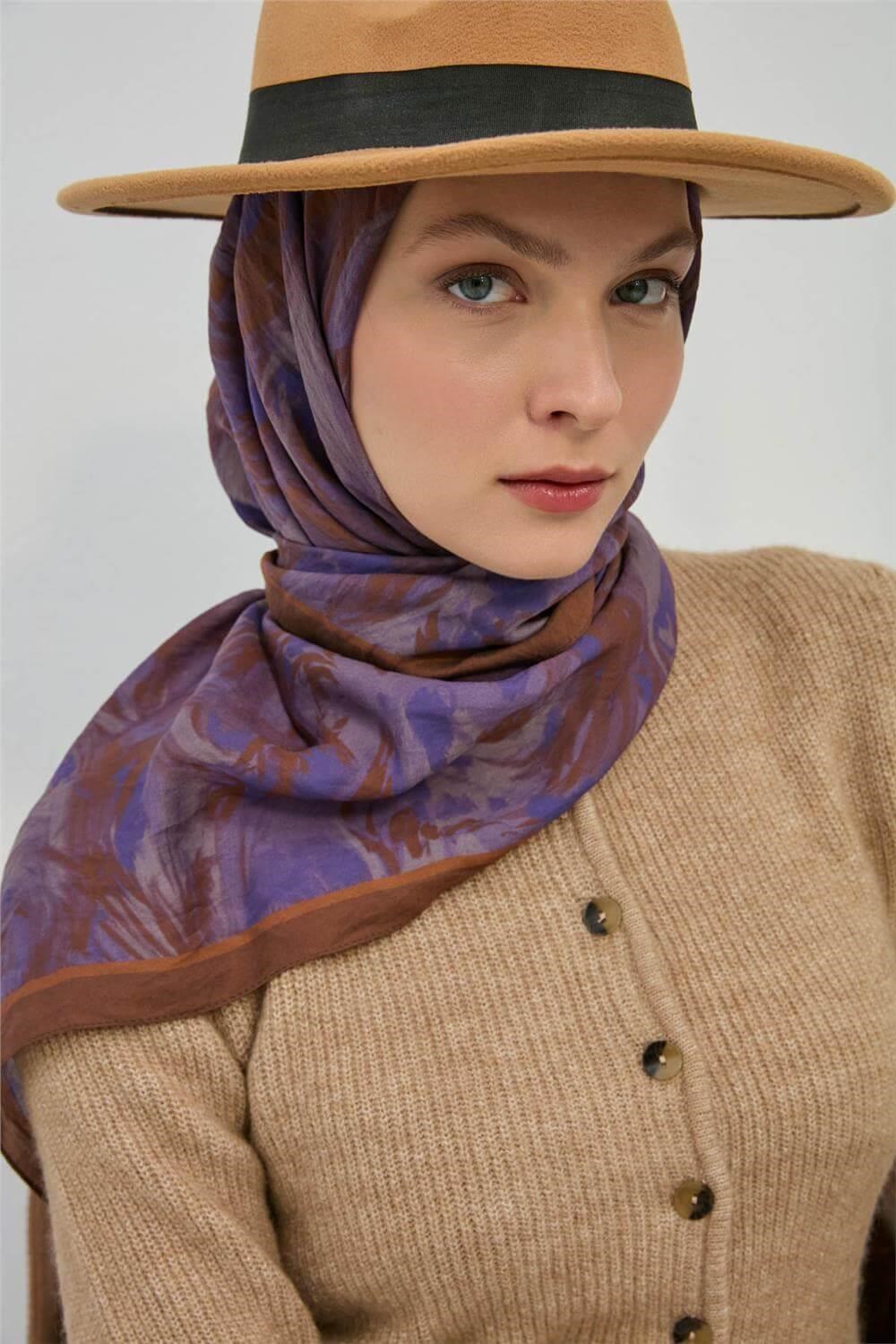 Viskon Velora Eşarp Sütlü Kahve Desenli Dökümlü Kaymaz 90x90