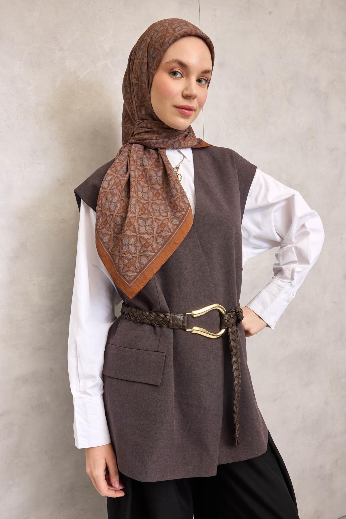Viskon Velora Eşarp Taba Yonca Desenli Tok Duruşlu 90x90