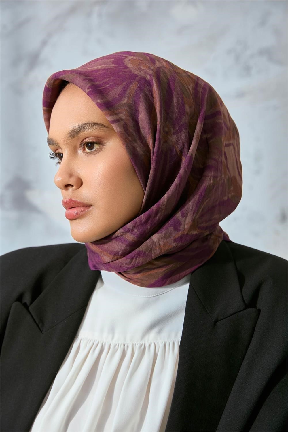 Viskon Velora Eşarp Violet-Camel Tonlu Desenli Tok Duruşlu Kaymaz 90x90