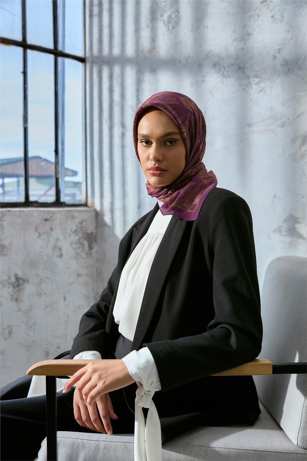 Viskon Velora Eşarp Violet-Camel Tonlu Desenli Tok Duruşlu Kaymaz 90x90